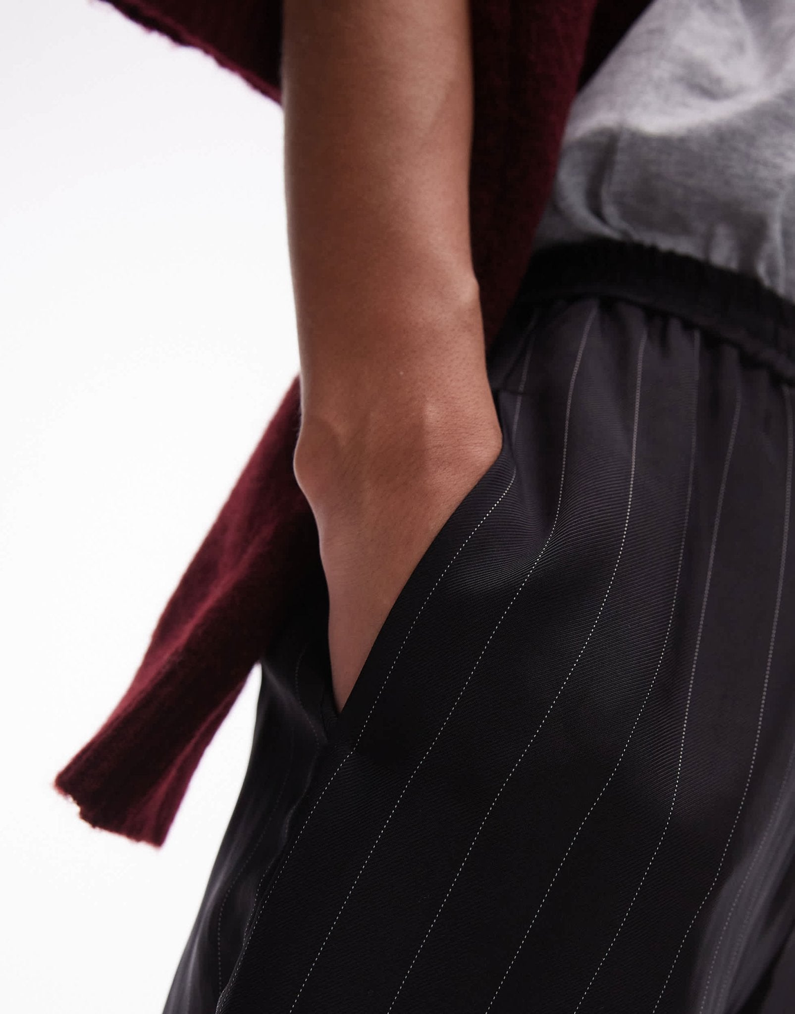 Topshop pinstripe drawcord satin trouser in black - ASOS Sample Sale