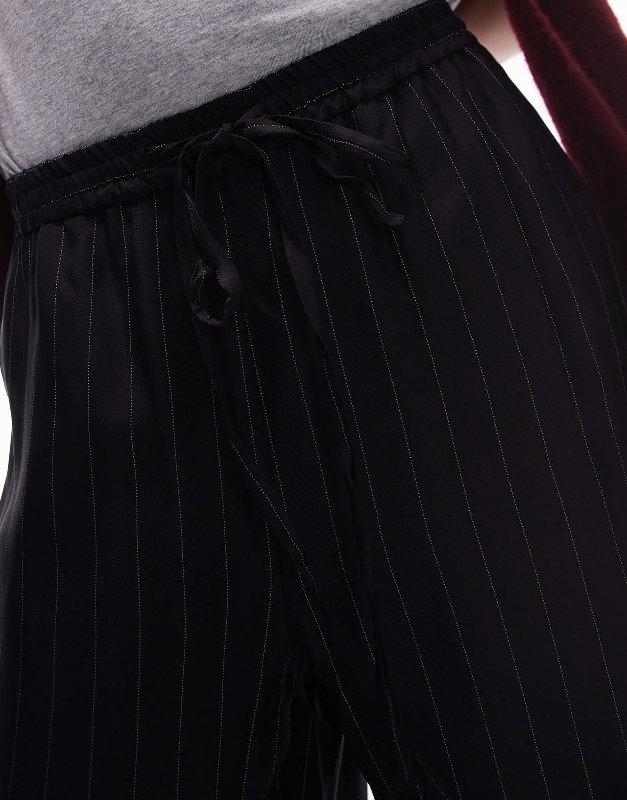Topshop pinstripe drawcord satin trouser in black - ASOS Sample Sale