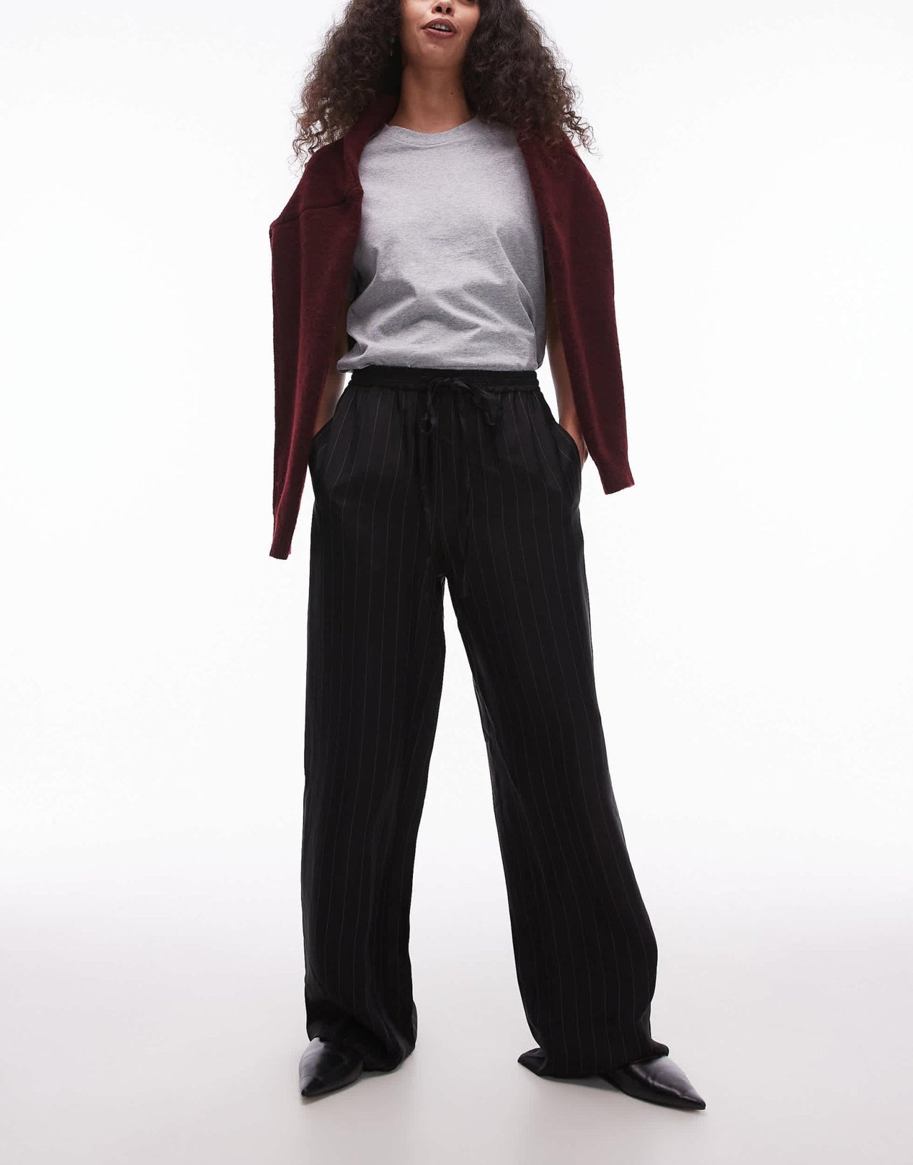Topshop pinstripe drawcord satin trouser in black - ASOS Sample Sale