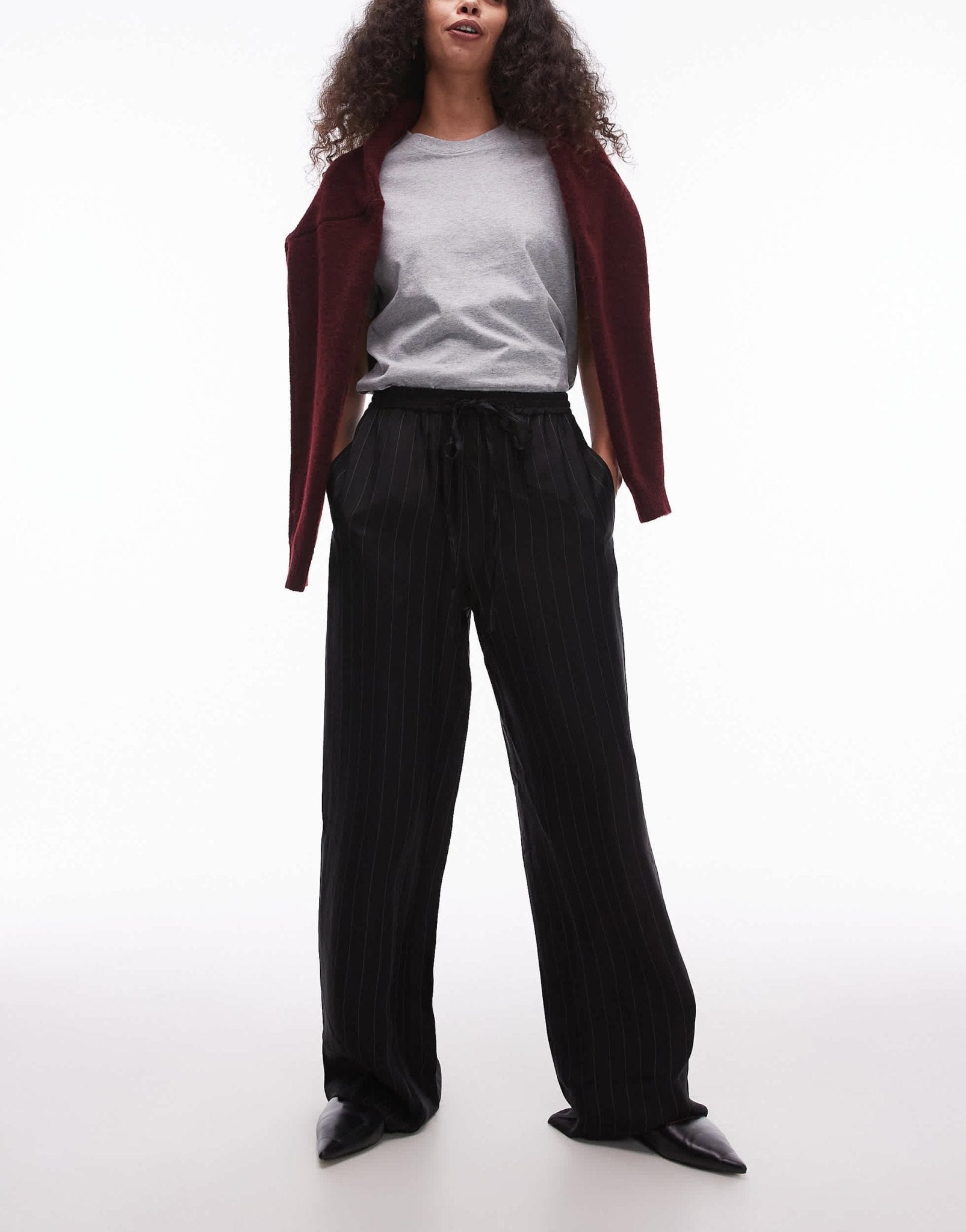 Topshop pinstripe drawcord satin trouser in black - ASOS Sample Sale