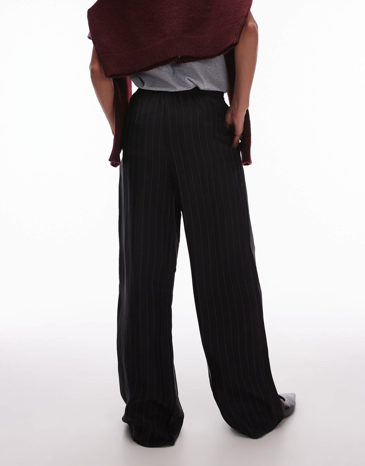 Topshop pinstripe drawcord satin trouser in black - ASOS Sample Sale