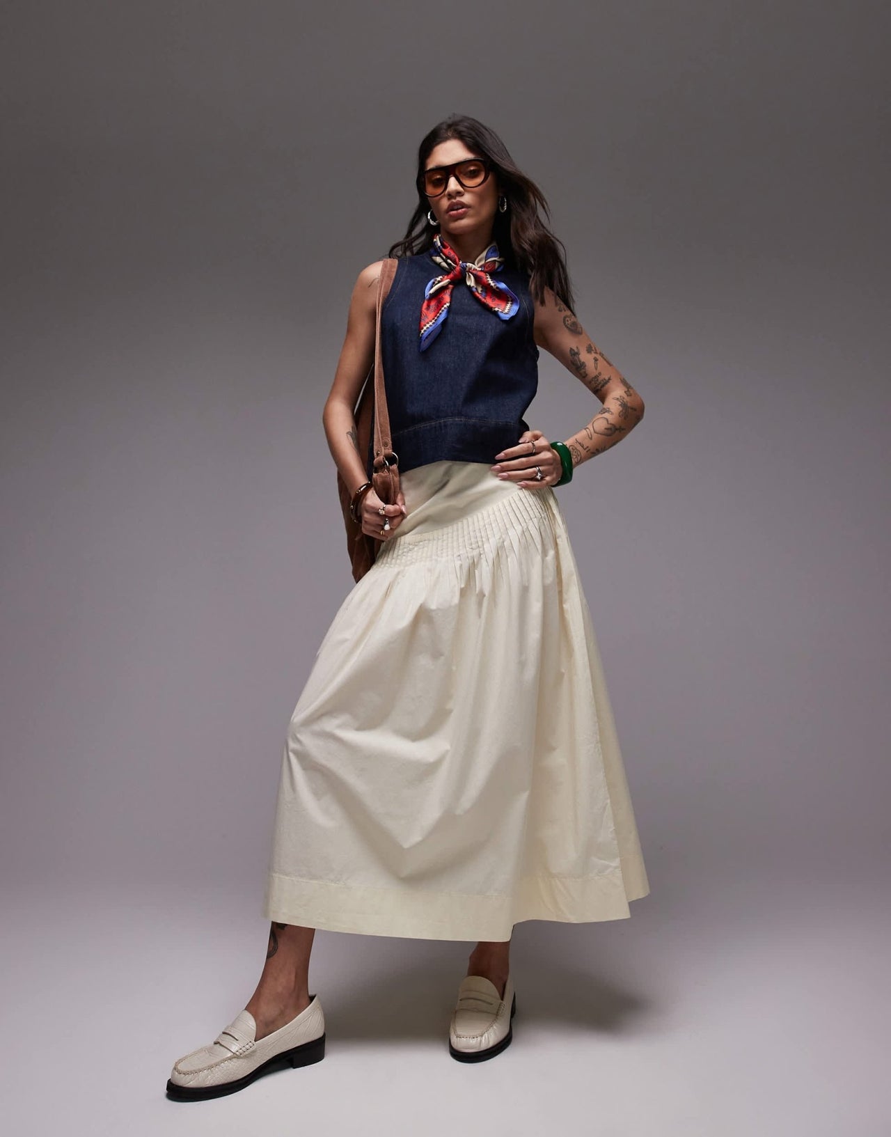 Topshop pintuck poplin full skirt in buttermilk - ASOS Sample Sale