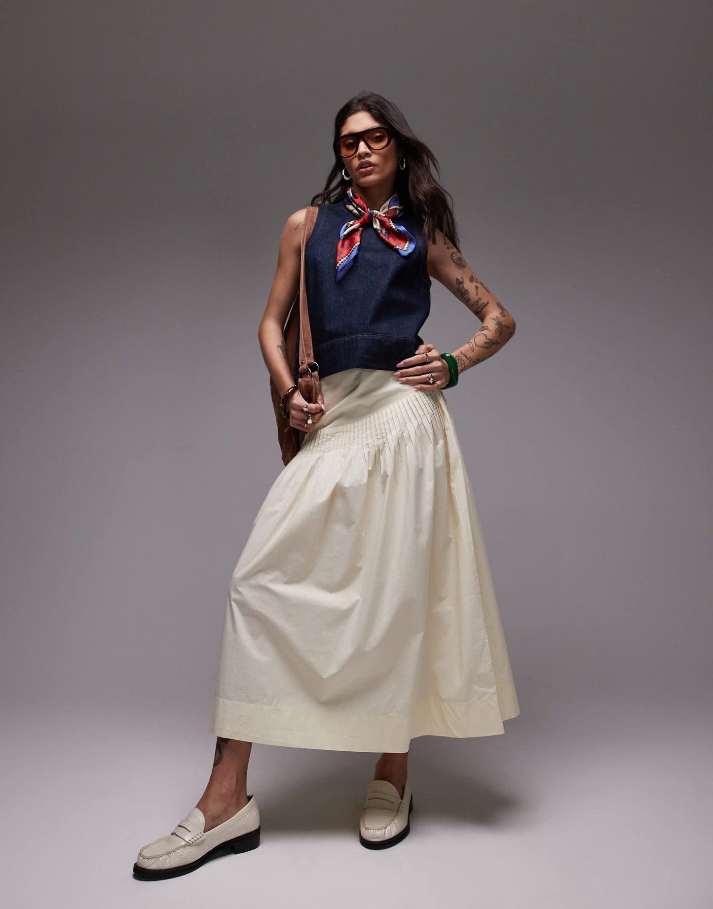 Topshop pintuck poplin full skirt in buttermilk - ASOS Sample Sale