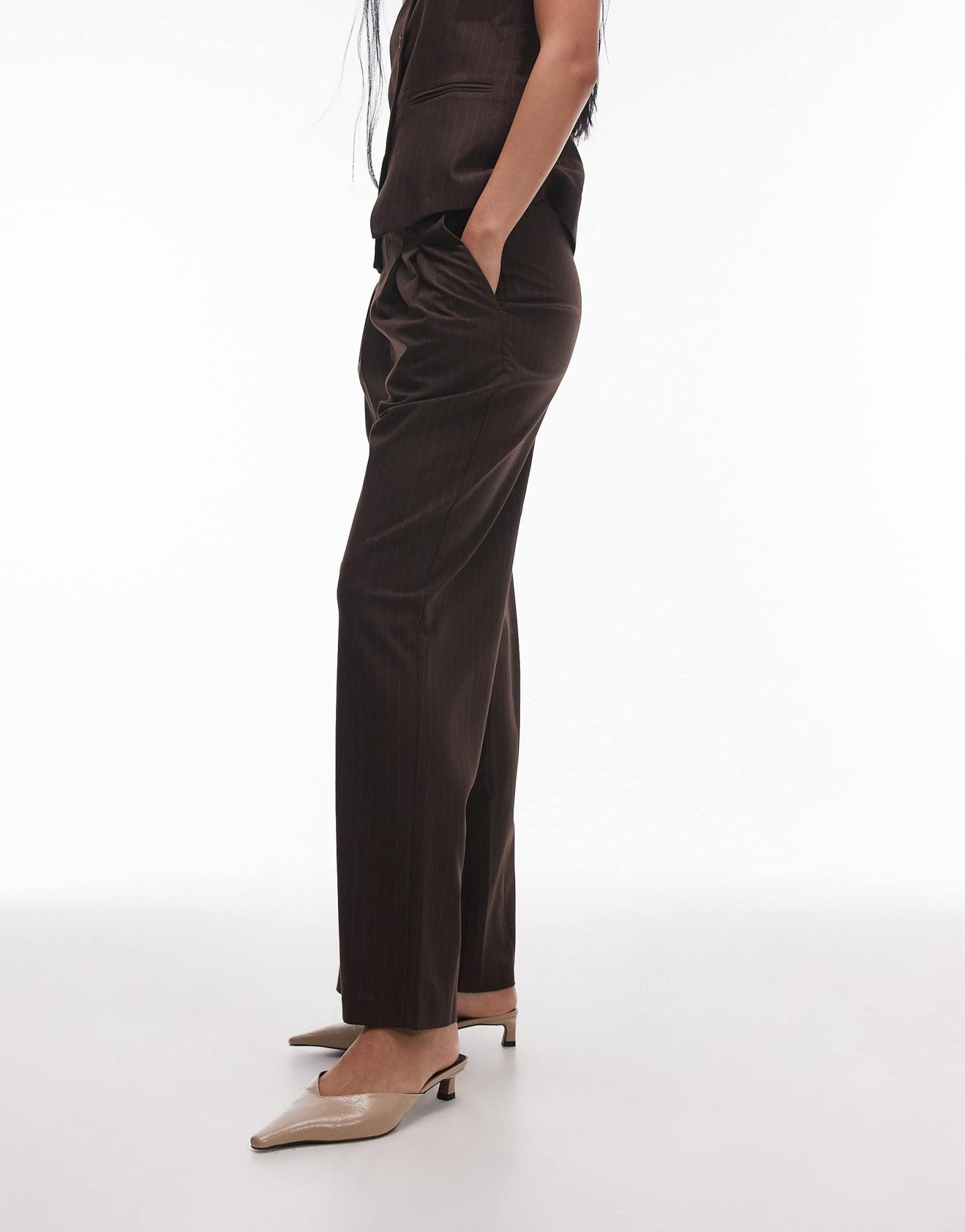 Topshop pleat front tailored jogger in choc pinstripe - ASOS Sample Sale