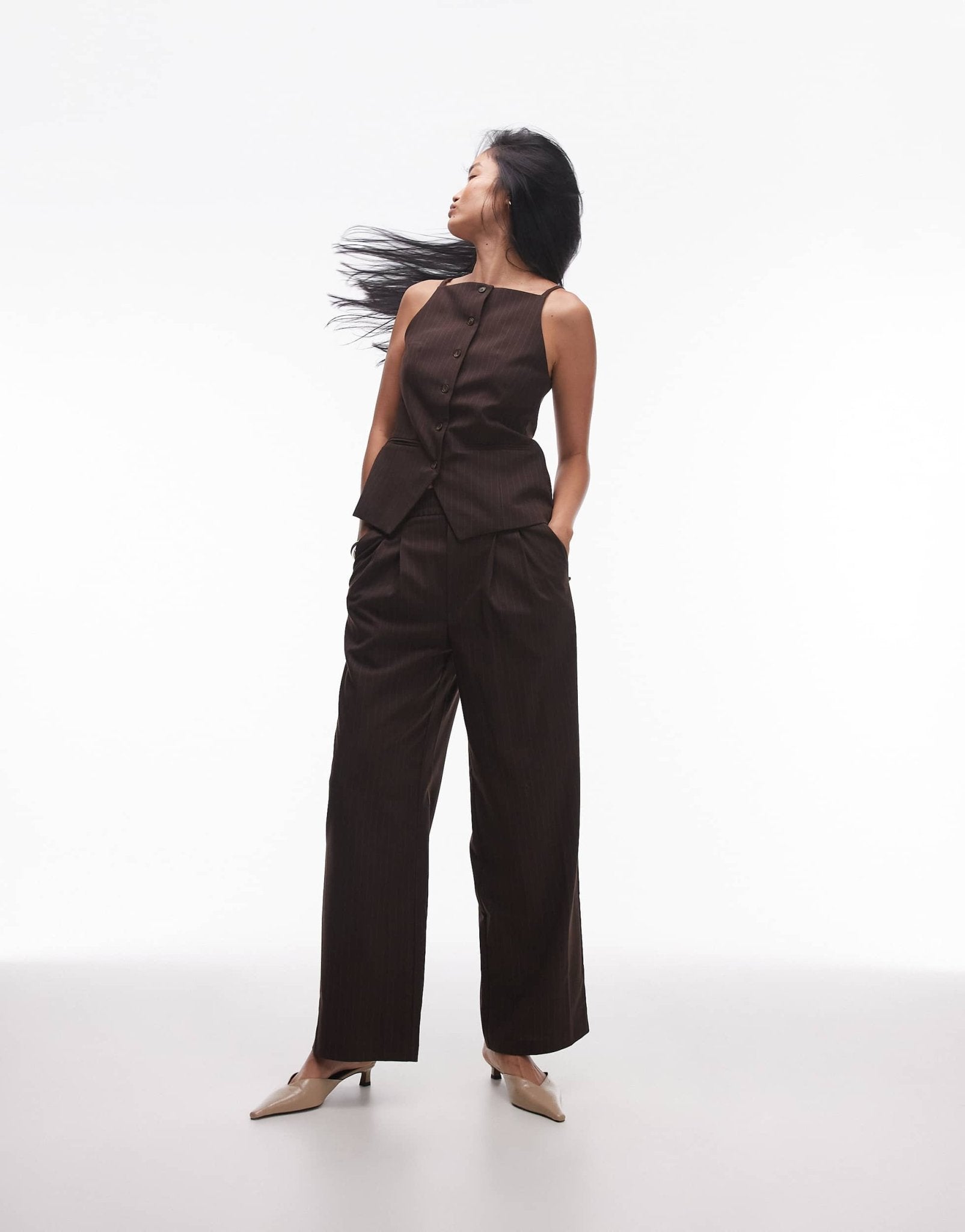 Topshop pleat front tailored jogger in choc pinstripe - ASOS Sample Sale