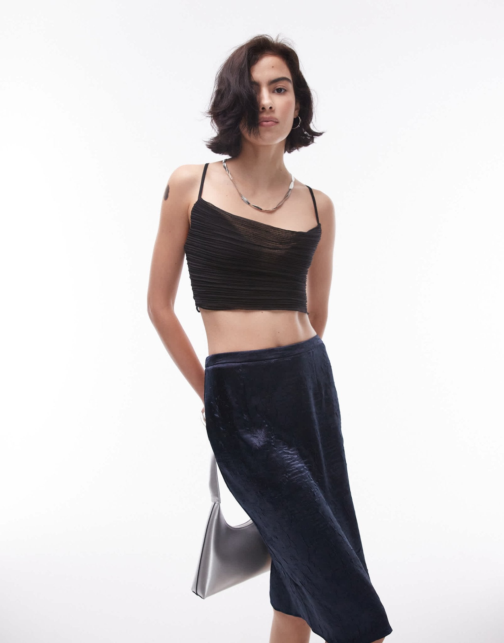 Topshop plisse cowl cropped cami in black - ASOS Sample Sale