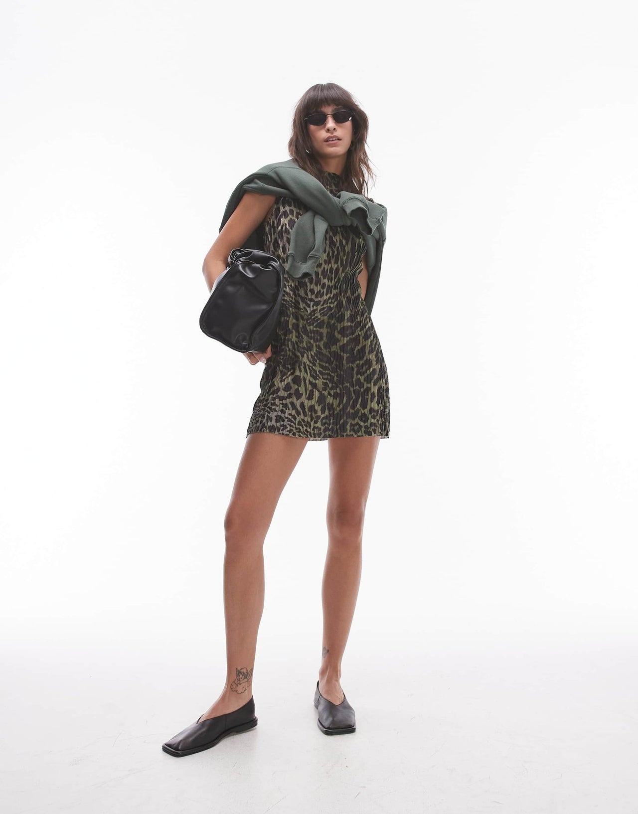 Topshop plisse leopard print mini dress in khaki - ASOS Sample Sale