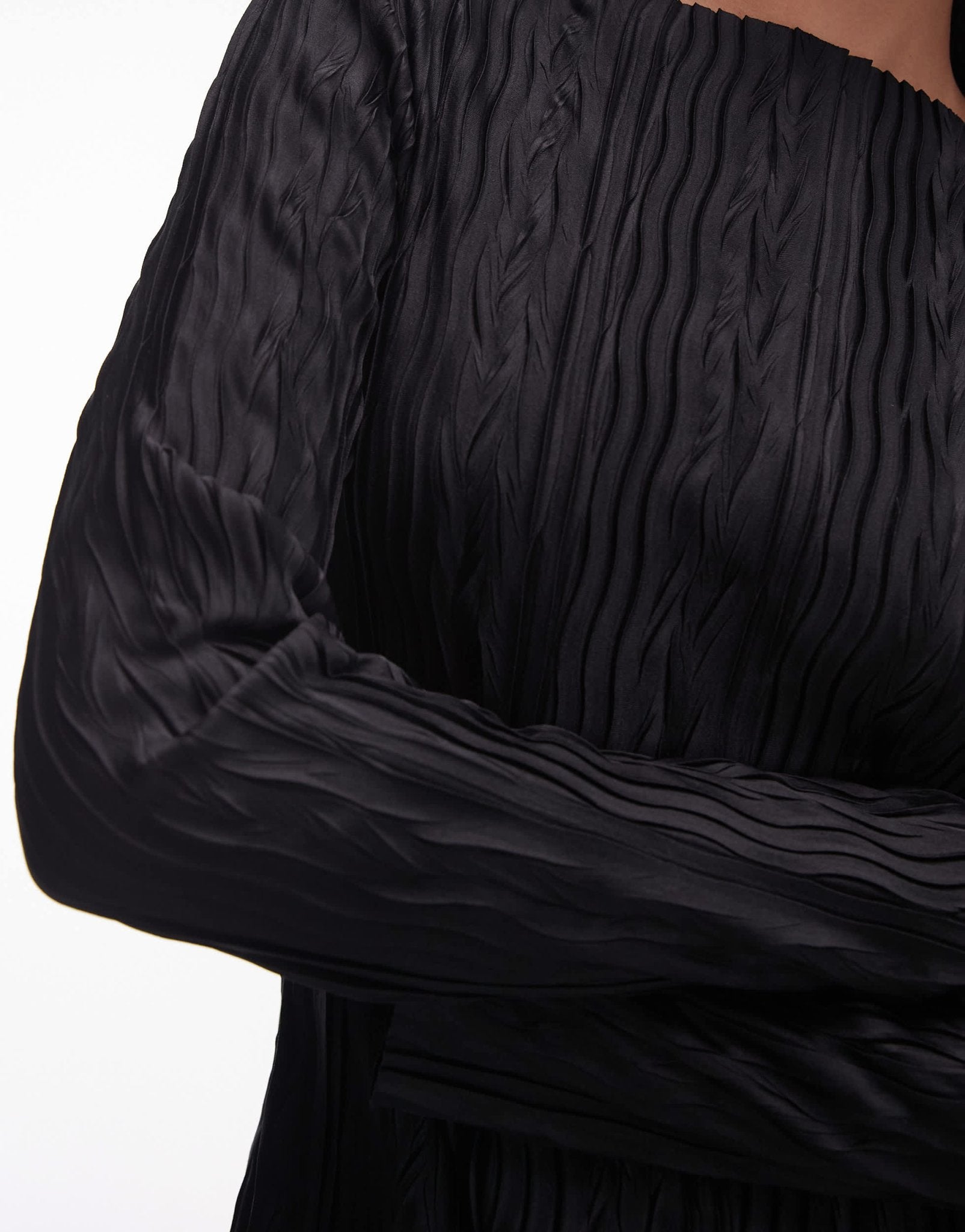 Topshop plisse long sleeve mini dress in black - ASOS Sample Sale