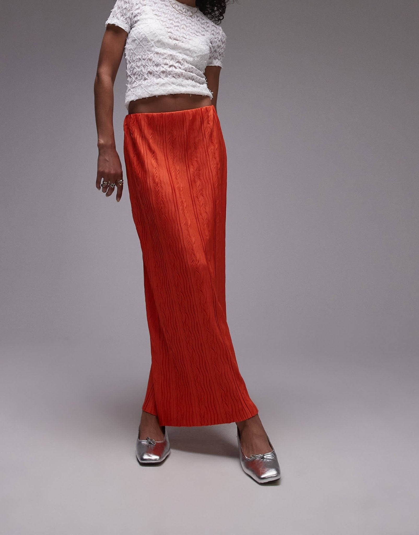Topshop plisse midi skirt in red - ASOS Sample Sale