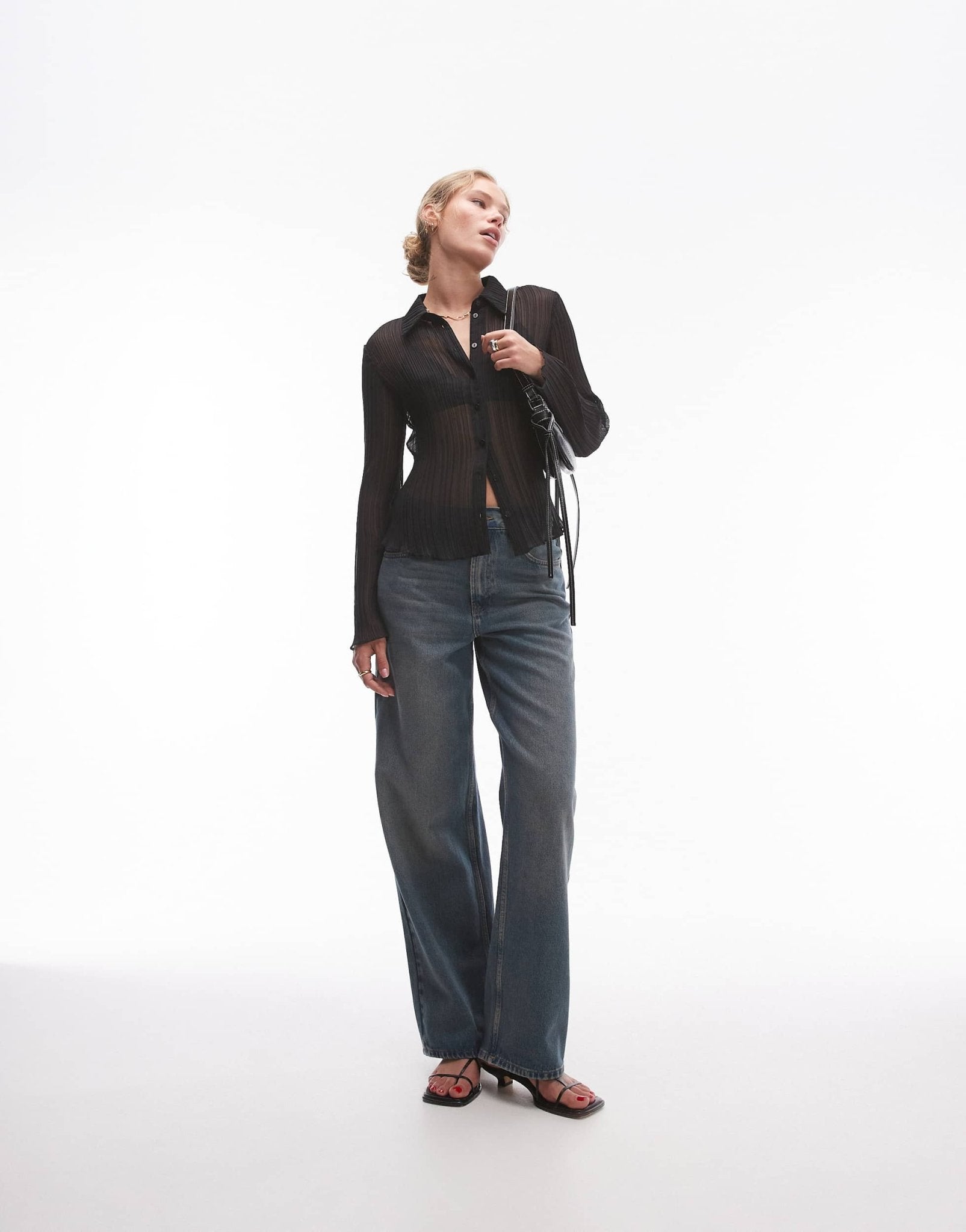 Topshop plisse shirt in black - ASOS Sample Sale