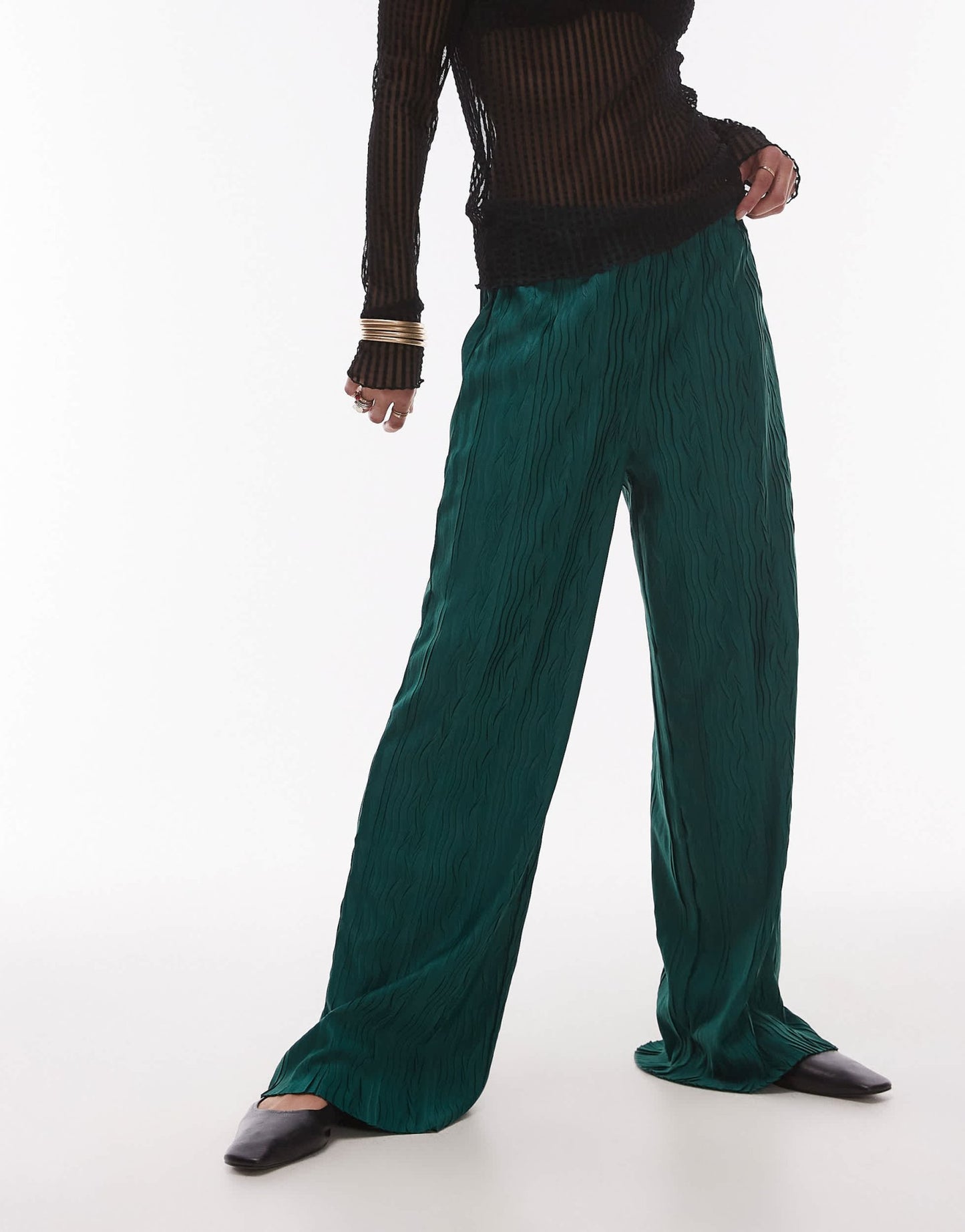Topshop plisse wide leg trouser in forest green - ASOS Sample Sale