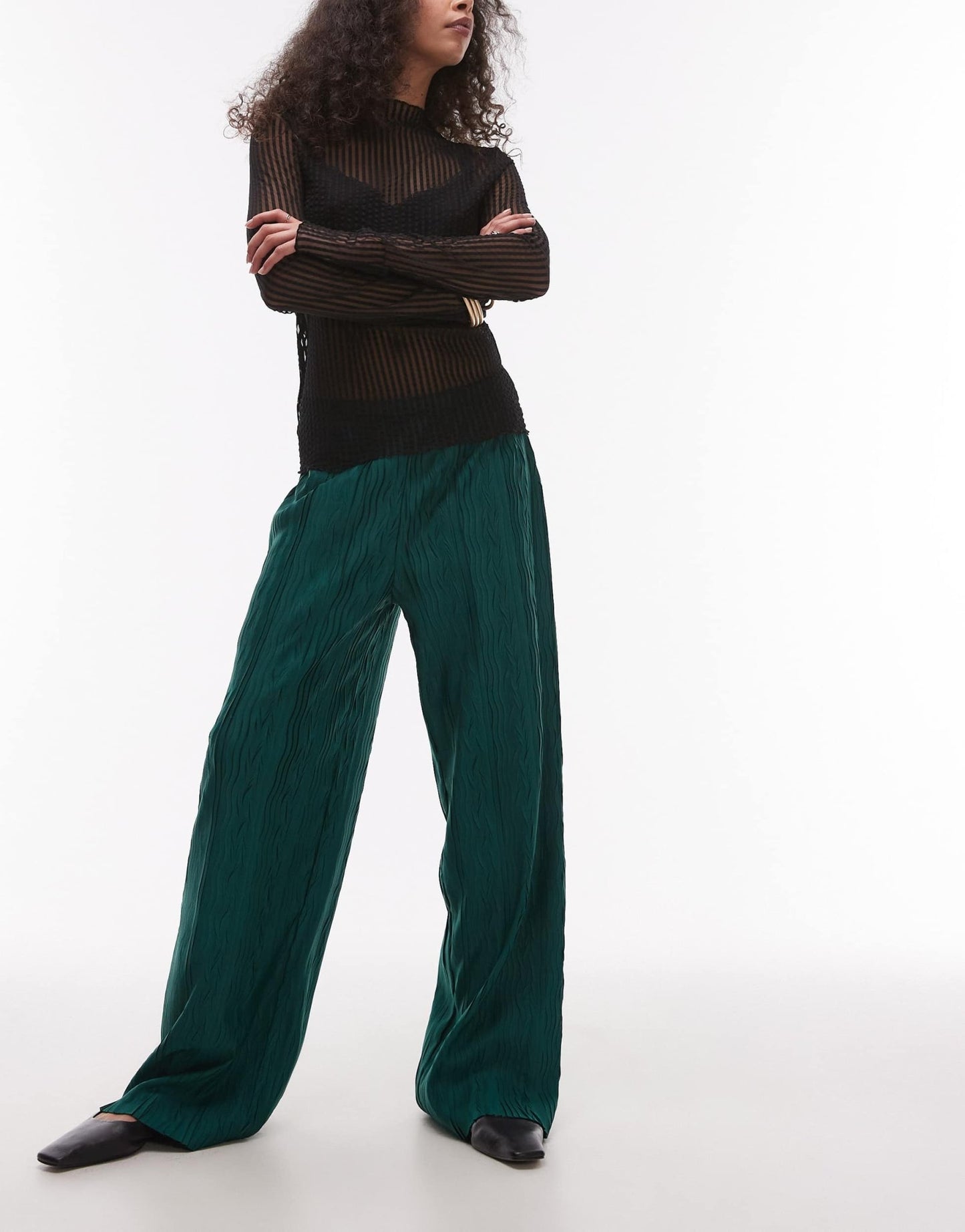 Topshop plisse wide leg trouser in forest green - ASOS Sample Sale