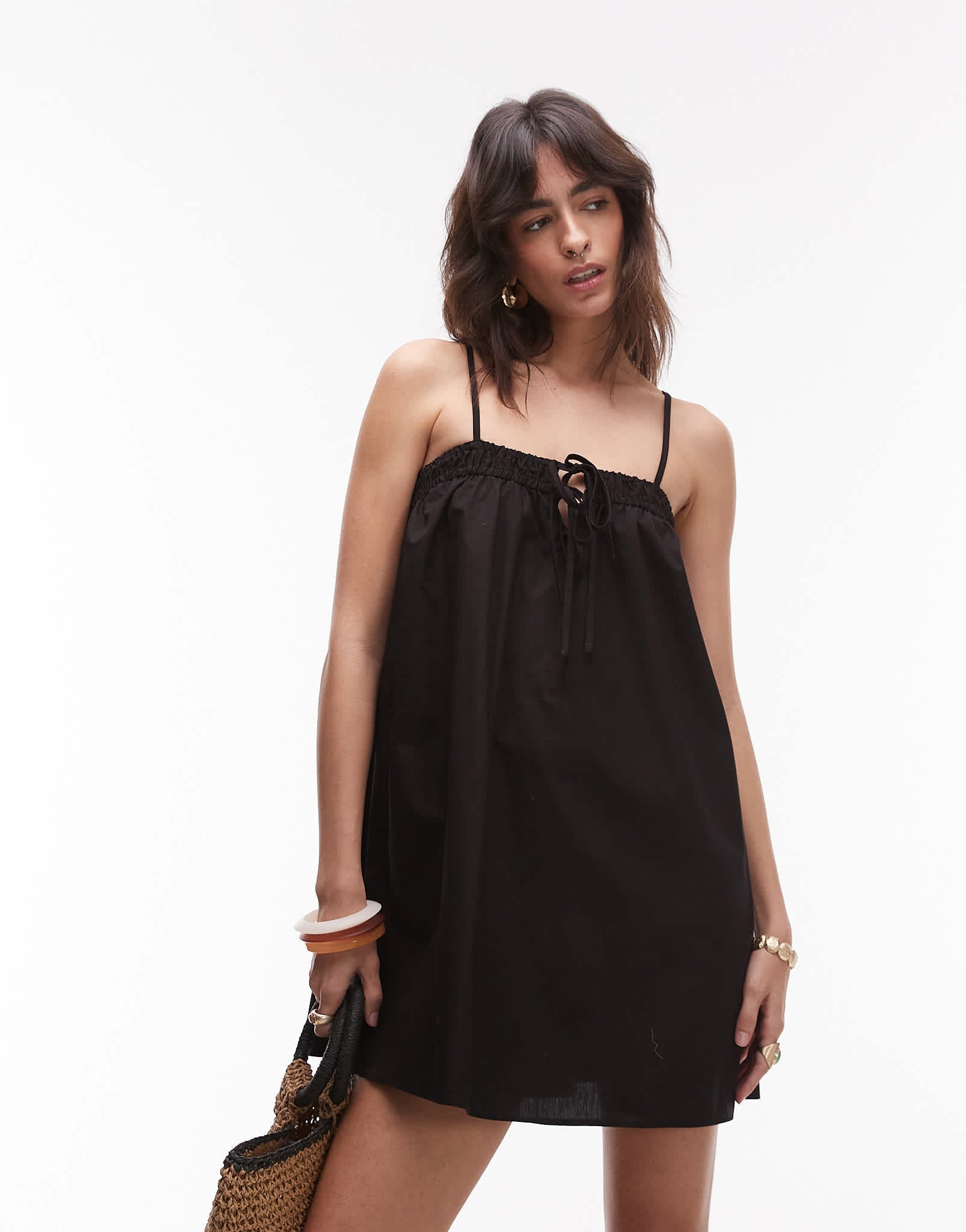 Topshop poplin mini sundress in black - ASOS Sample Sale