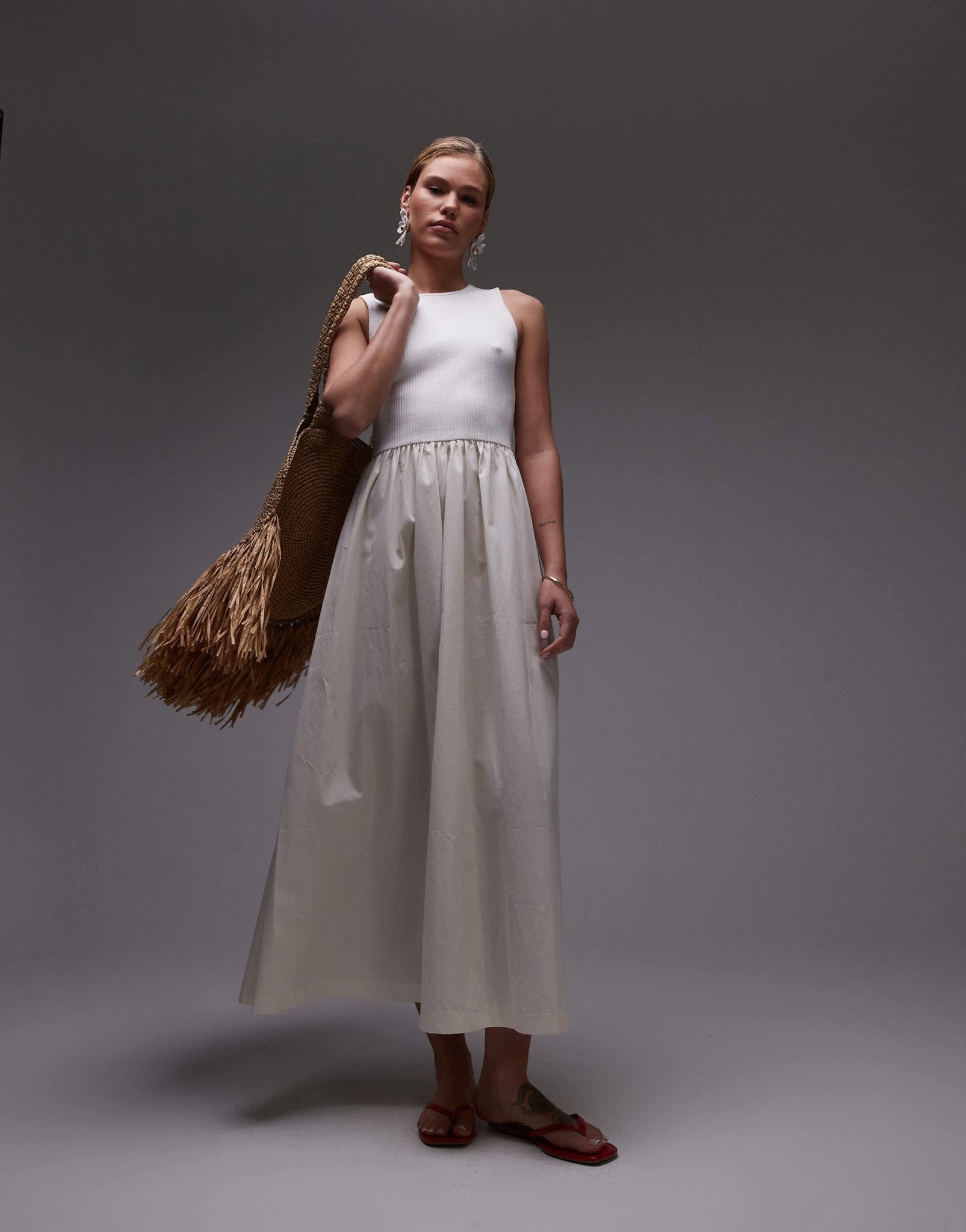 Topshop poplin mix maxi dress in off white - ASOS Sample Sale