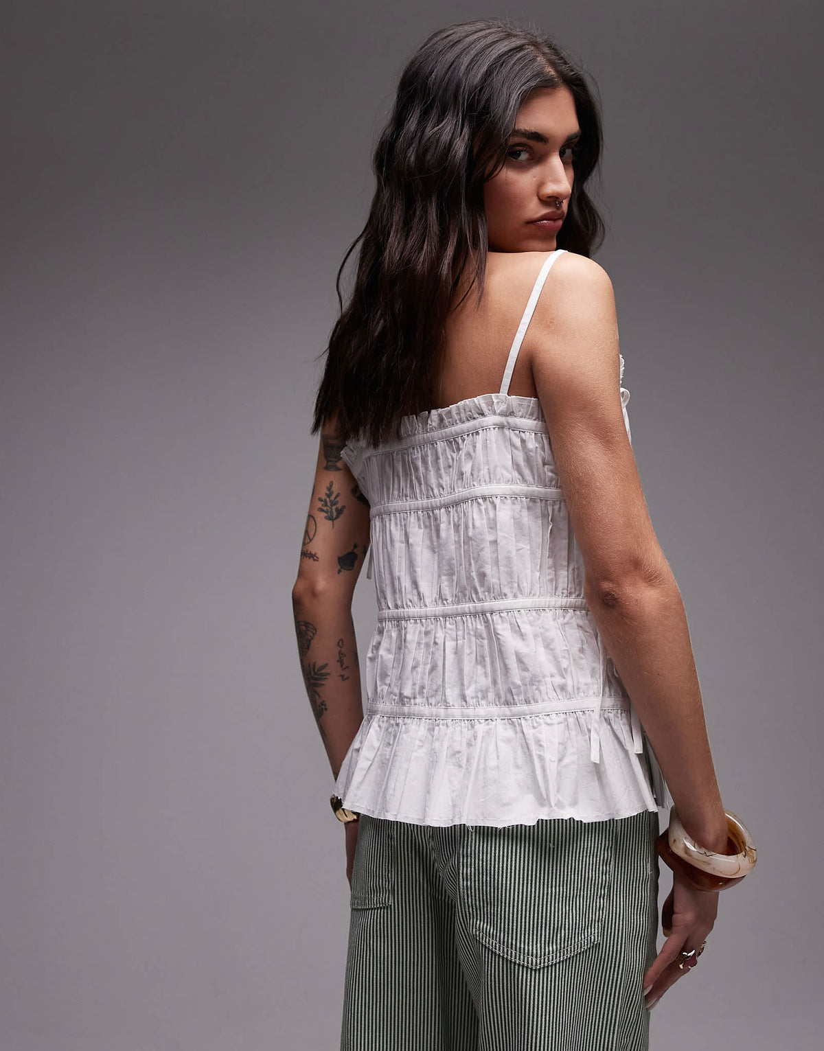 Topshop poplin pleat tiered cami in ivory - ASOS Sample Sale