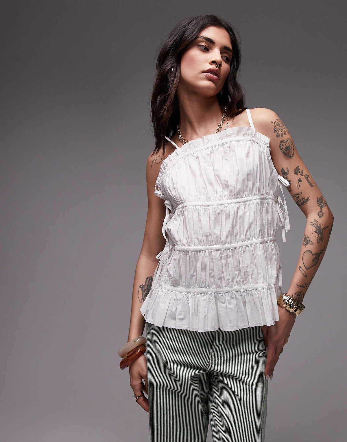 Topshop poplin pleat tiered cami in ivory - ASOS Sample Sale
