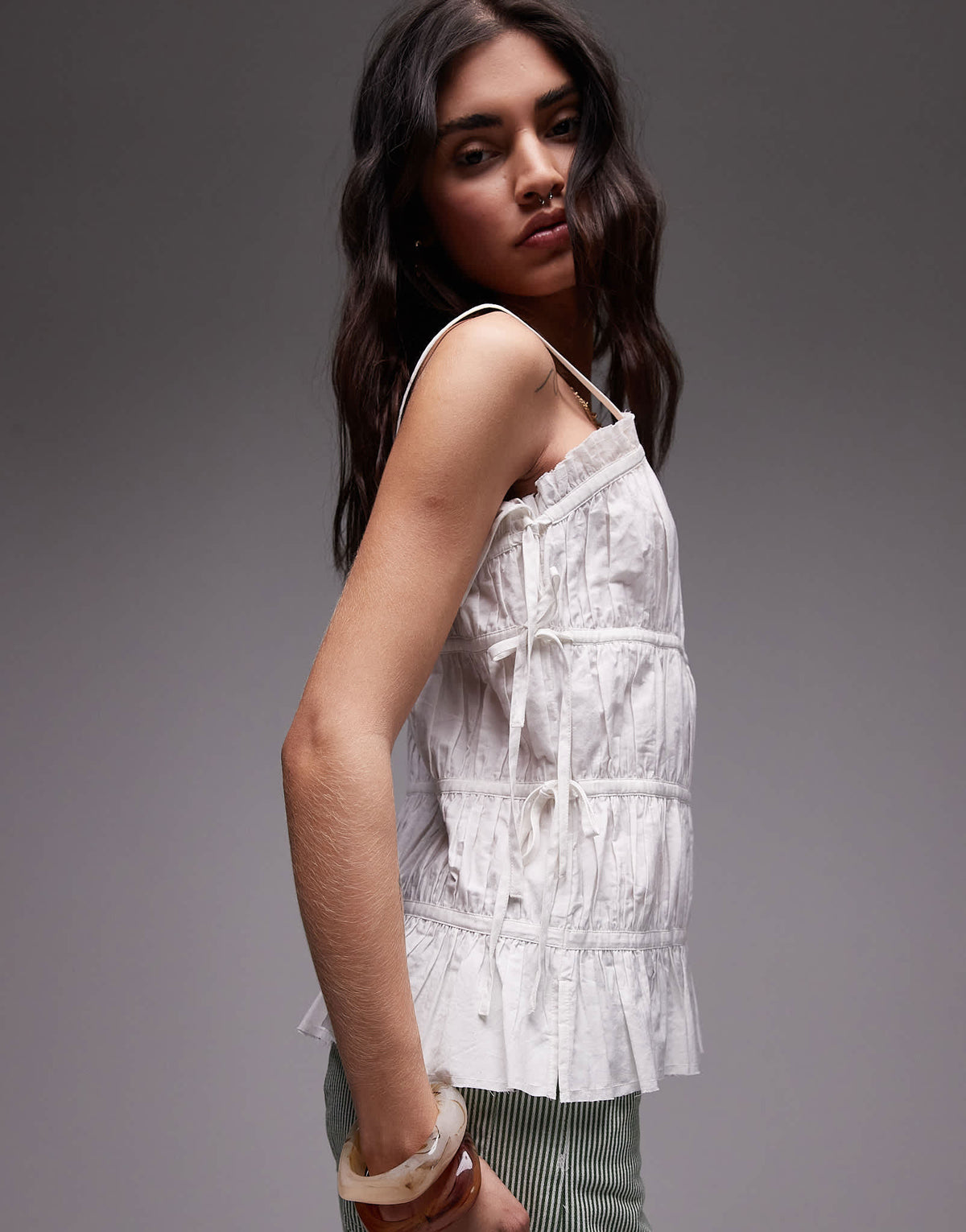 Topshop poplin pleat tiered cami in ivory - ASOS Sample Sale