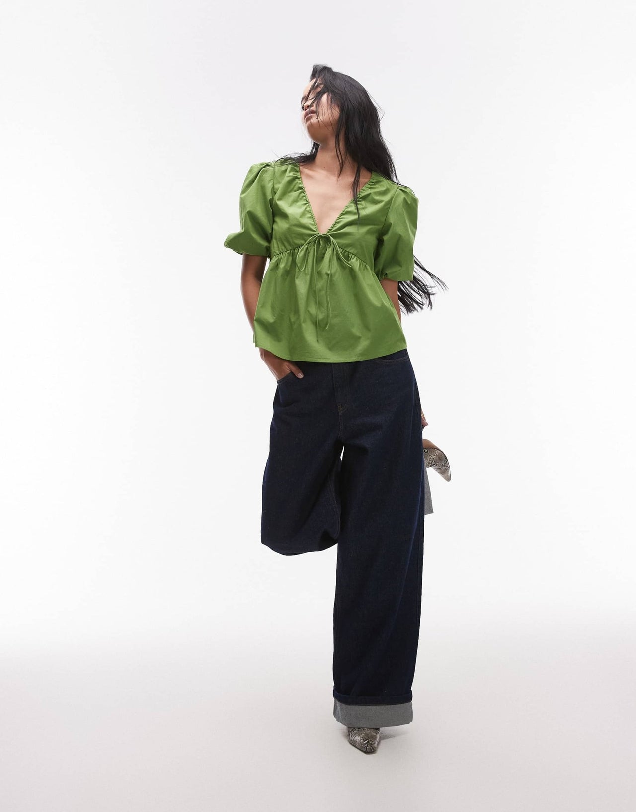 Topshop poplin puff sleeve top in green - ASOS Sample Sale