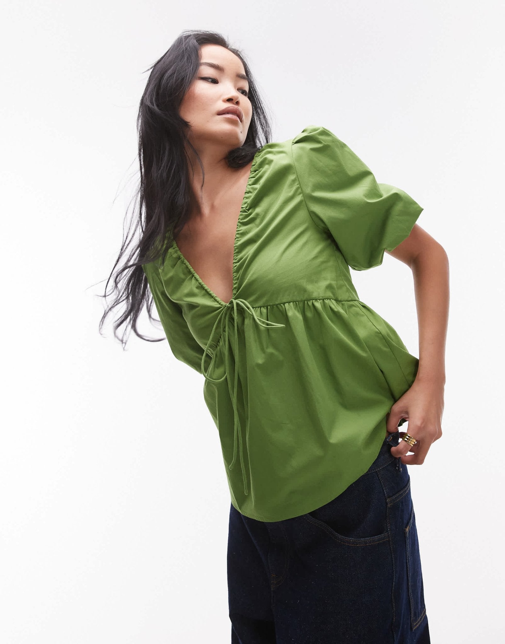 Topshop poplin puff sleeve top in green - ASOS Sample Sale