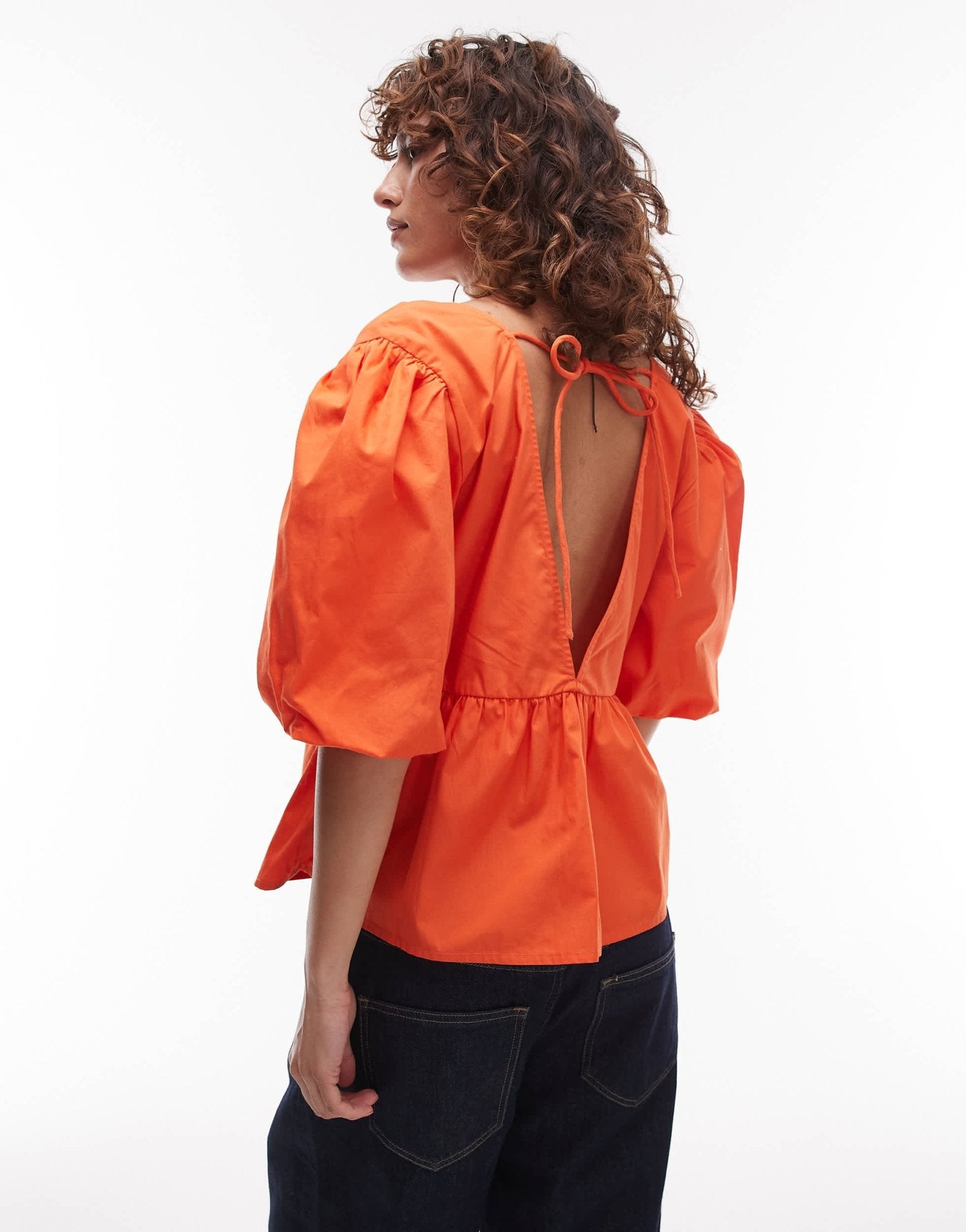 Topshop poplin puff sleeve top in orange - ASOS Sample Sale