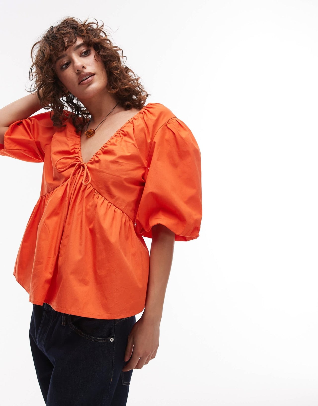 Topshop poplin puff sleeve top in orange - ASOS Sample Sale