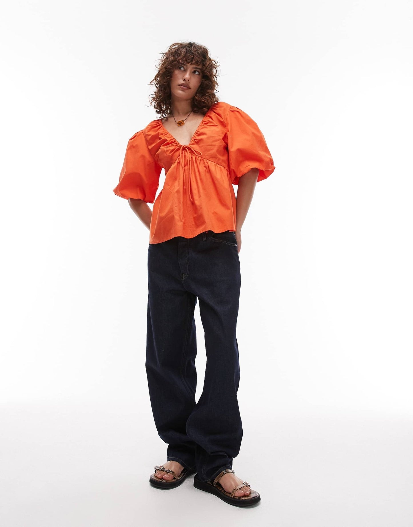 Topshop poplin puff sleeve top in orange - ASOS Sample Sale