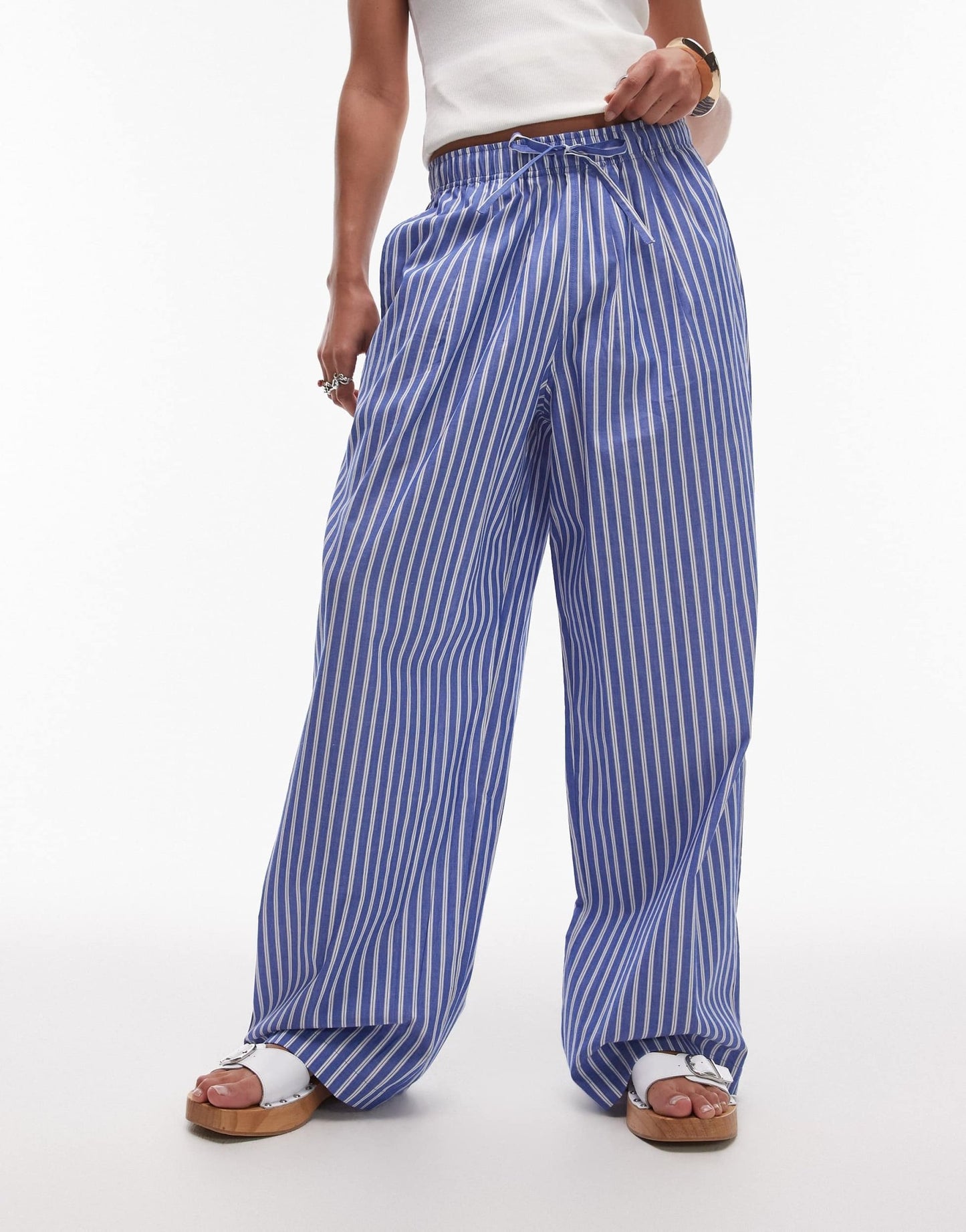Topshop poplin pull on wide leg trouser in dark blue stripe - ASOS Sample Sale