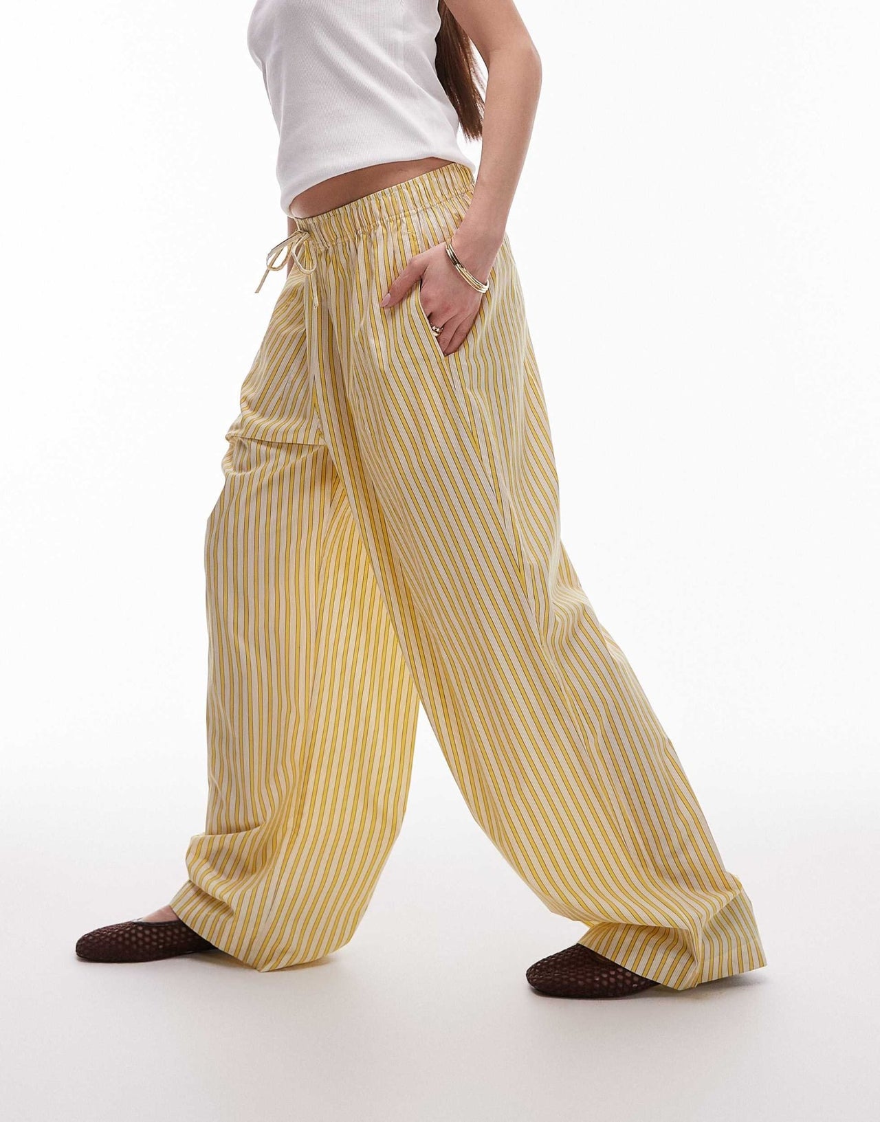 Topshop poplin pull on wide leg trouser in yellow stripe - ASOS Sample Sale