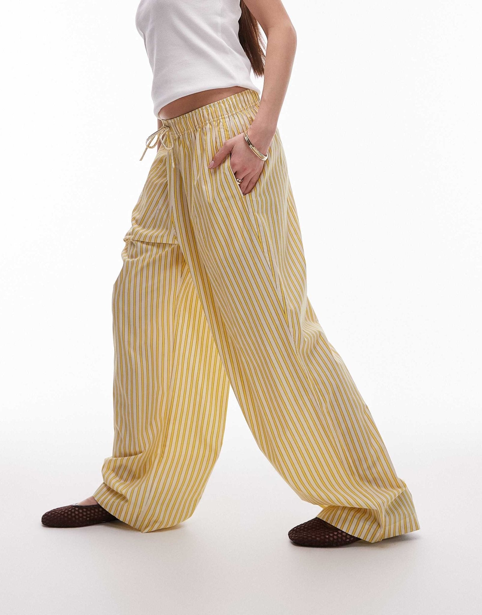 Topshop poplin pull on wide leg trouser in yellow stripe - ASOS Sample Sale