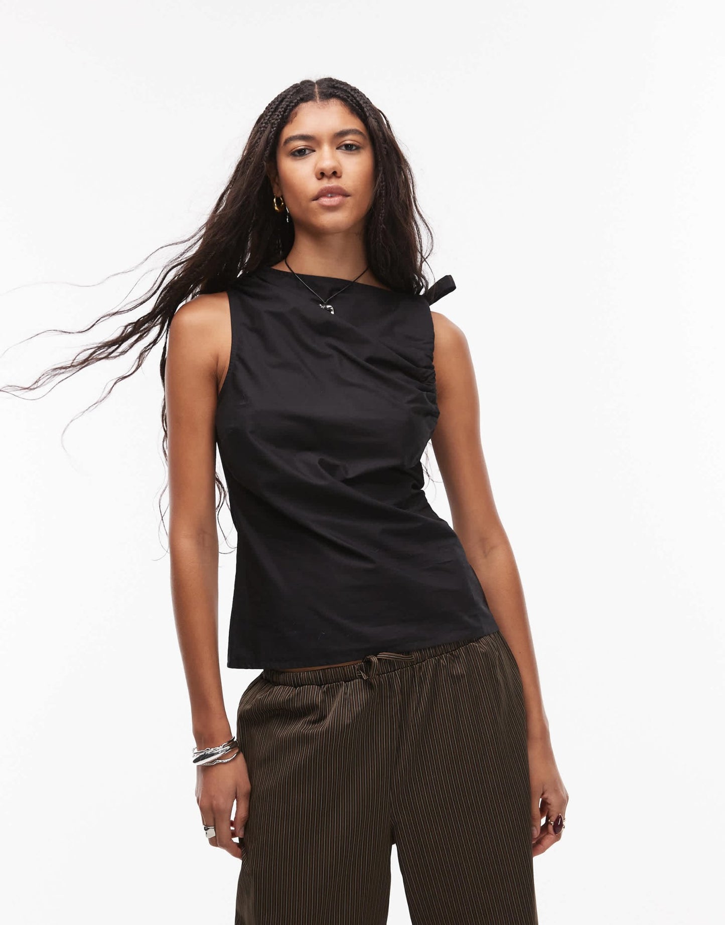 Topshop poplin ruch shoulder sleeveless top in black - ASOS Sample Sale