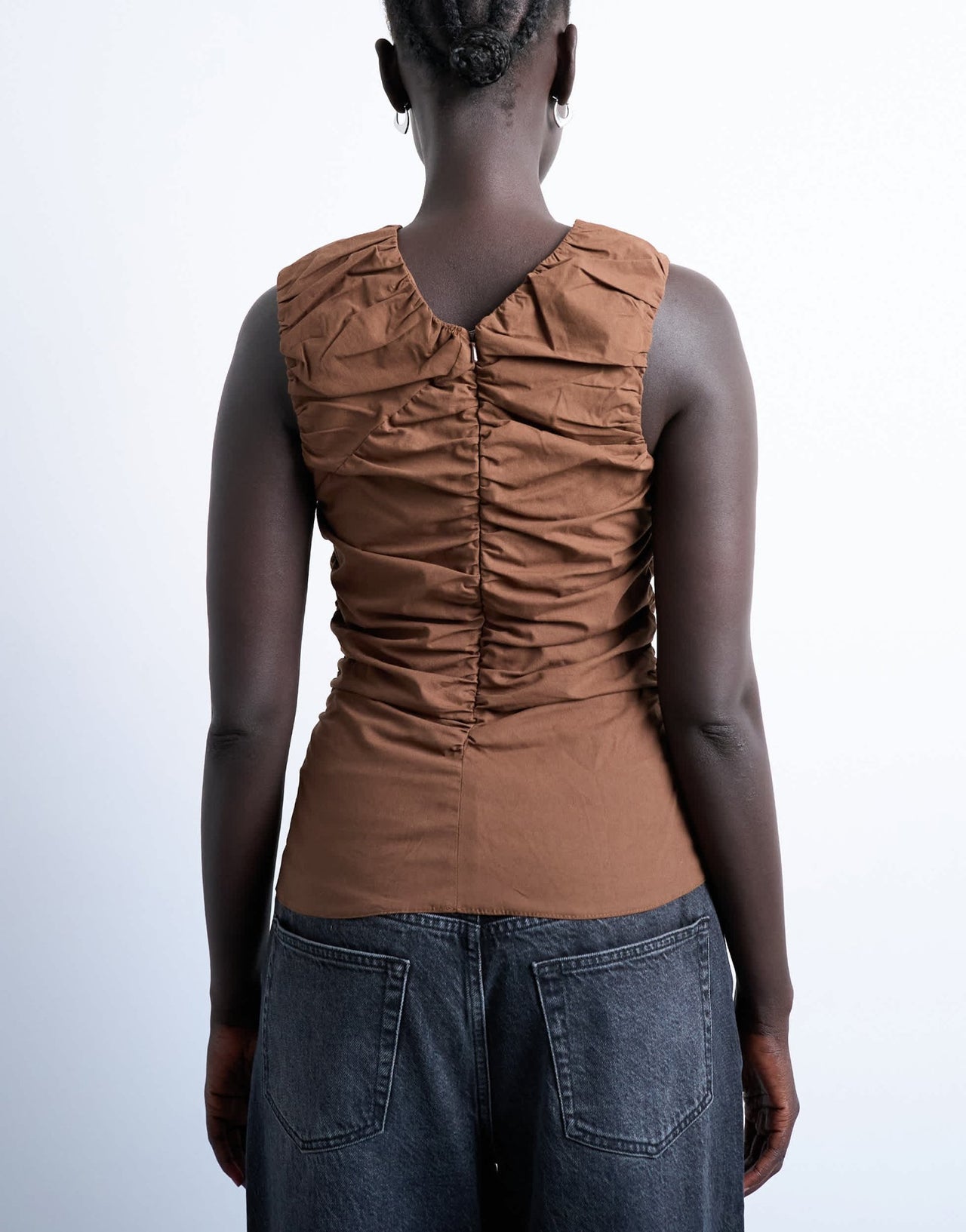 Topshop poplin ruched shell top in chocolate - ASOS Sample Sale