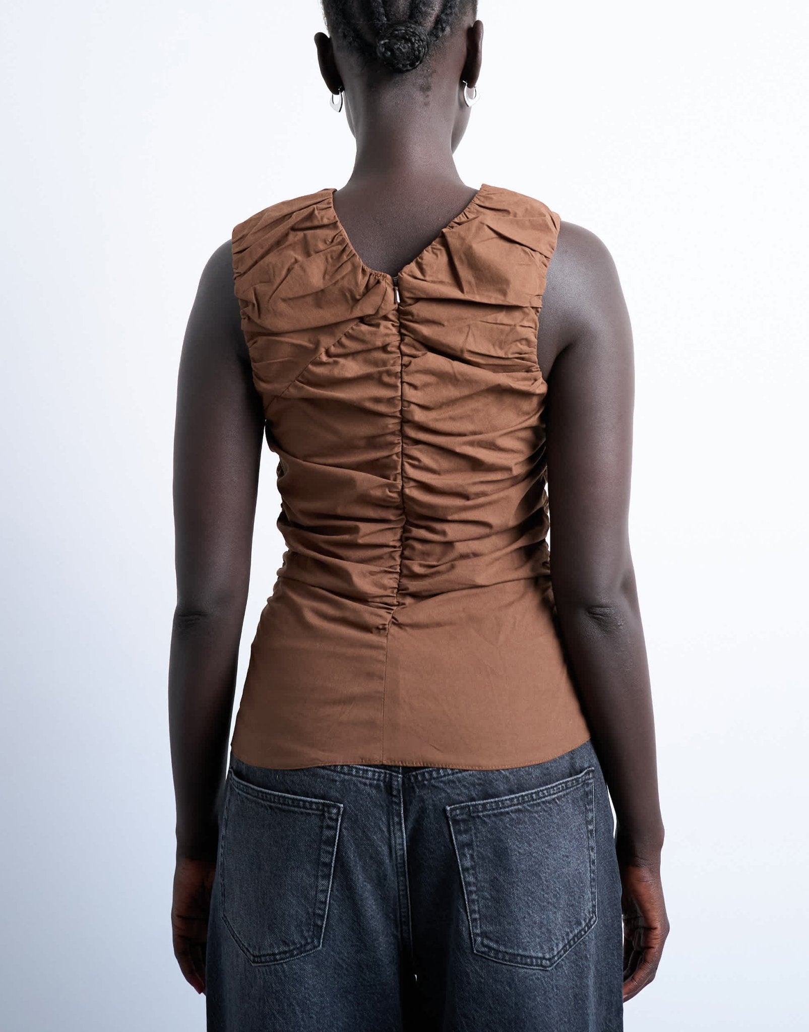 Topshop poplin ruched shell top in chocolate - ASOS Sample Sale
