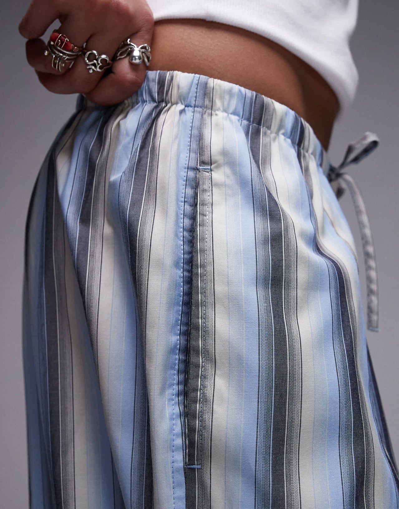 Topshop poplin tie waist stripe straight leg trouser in blue - ASOS Sample Sale
