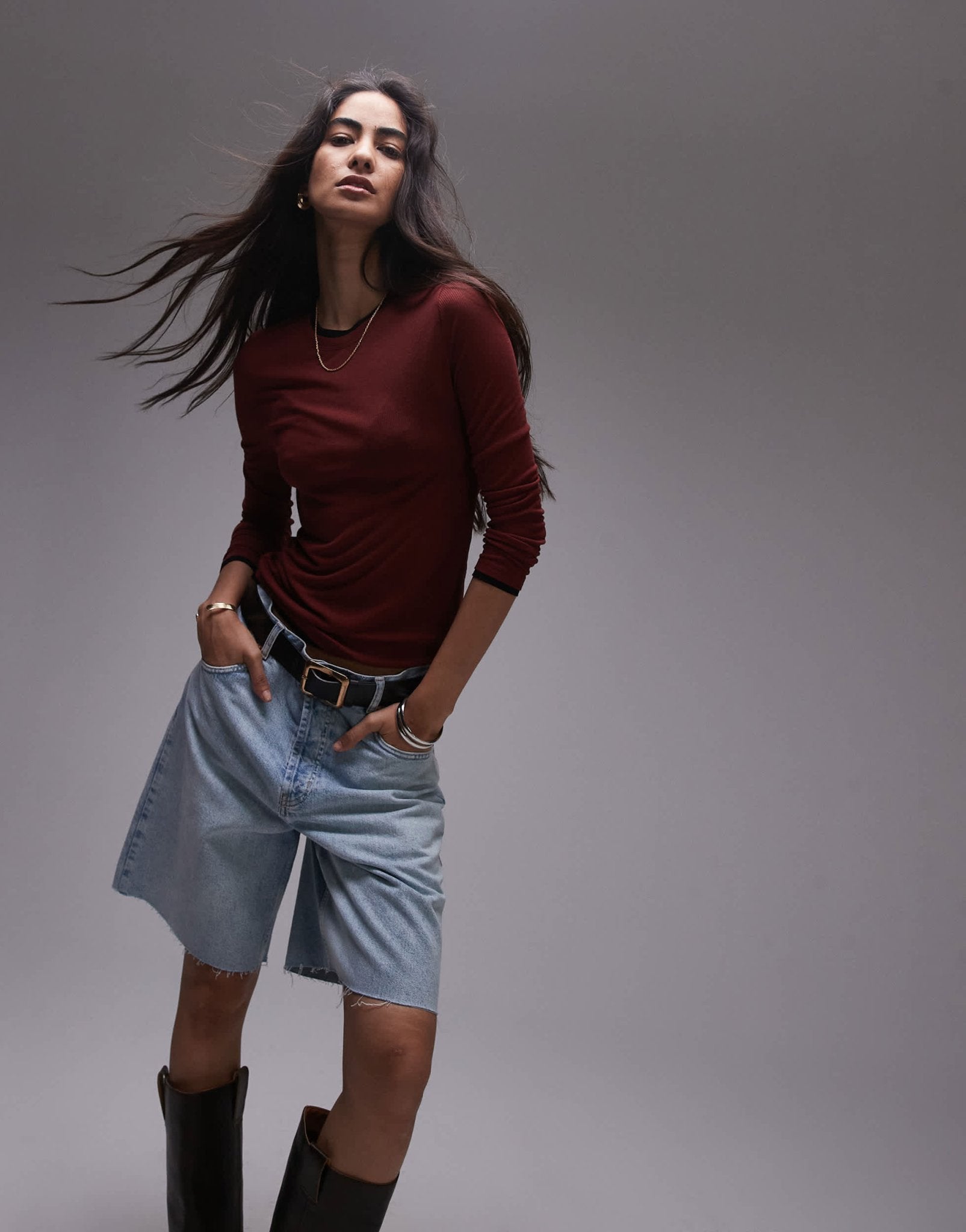 Topshop premium basic sheer crew neck long sleeve with contrast trim in burgundy - ASOS Sample Sale
