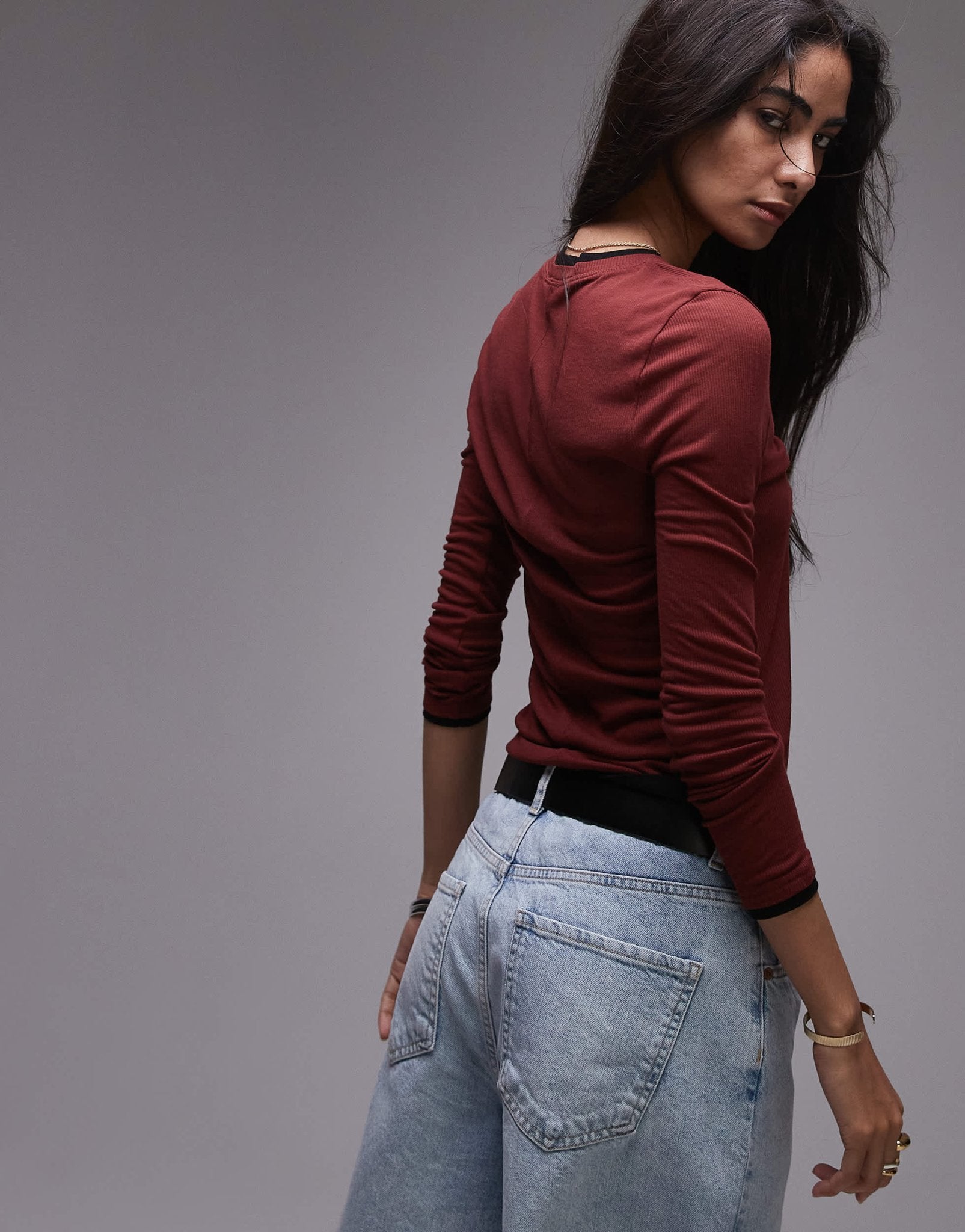 Topshop premium basic sheer crew neck long sleeve with contrast trim in burgundy - ASOS Sample Sale