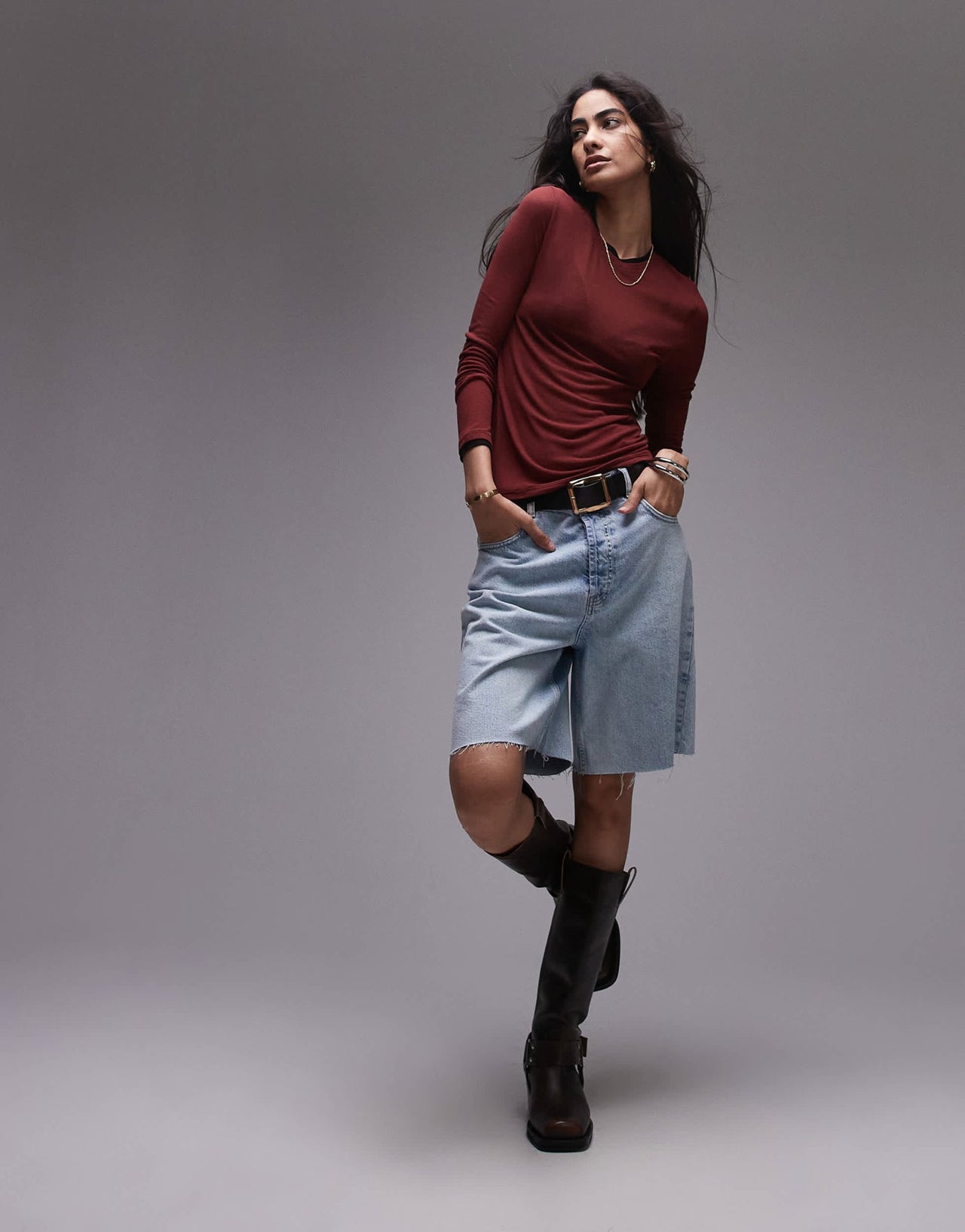Topshop premium basic sheer crew neck long sleeve with contrast trim in burgundy - ASOS Sample Sale
