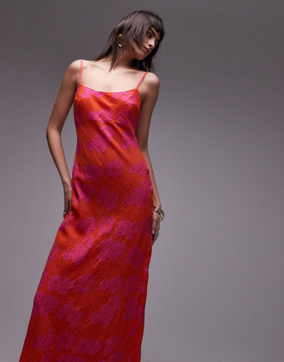 Topshop premium jacquard midi slip dress in pink and orange - ASOS Sample Sale