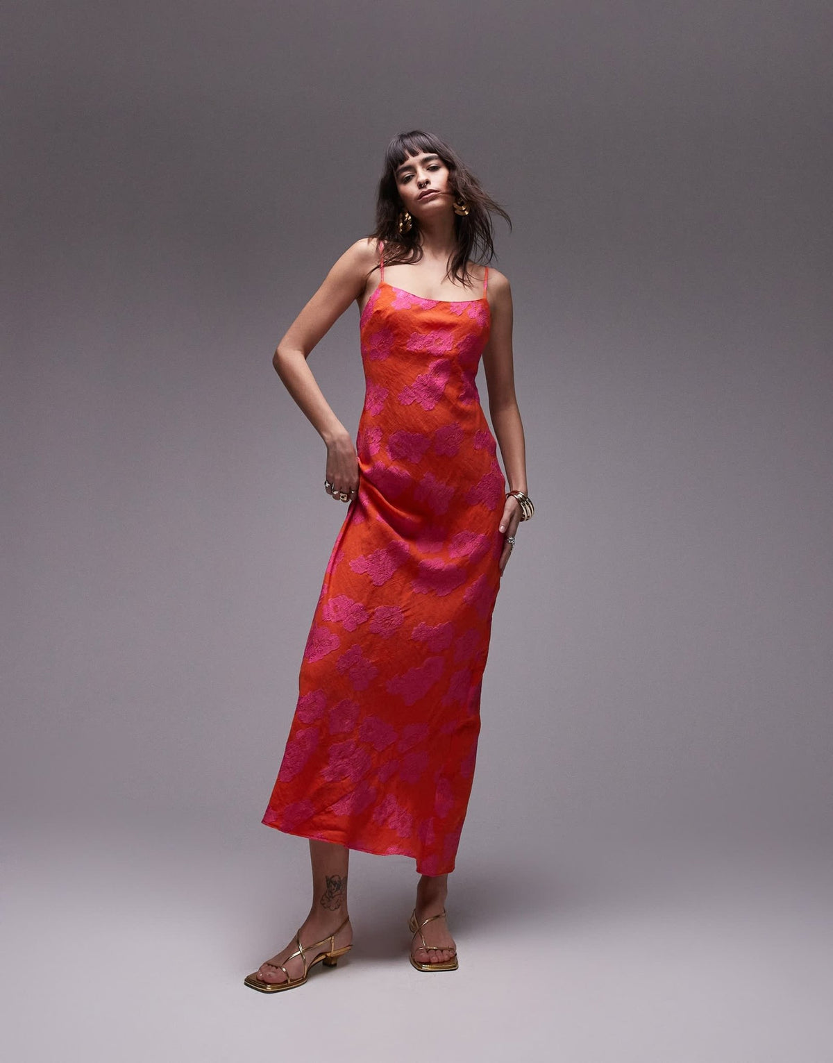 Topshop premium jacquard midi slip dress in pink and orange - ASOS Sample Sale