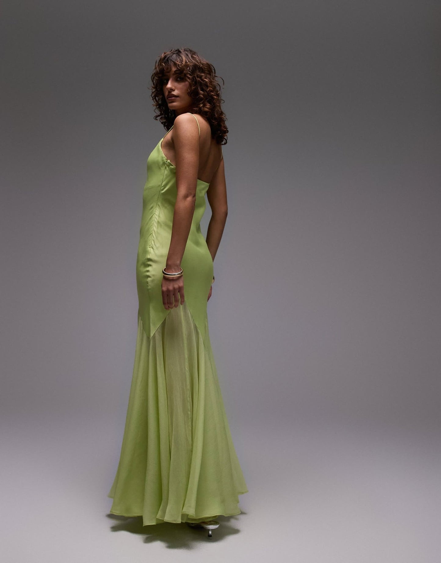 Topshop premium mixed fabric godet hem midi dress in lime - ASOS Sample Sale