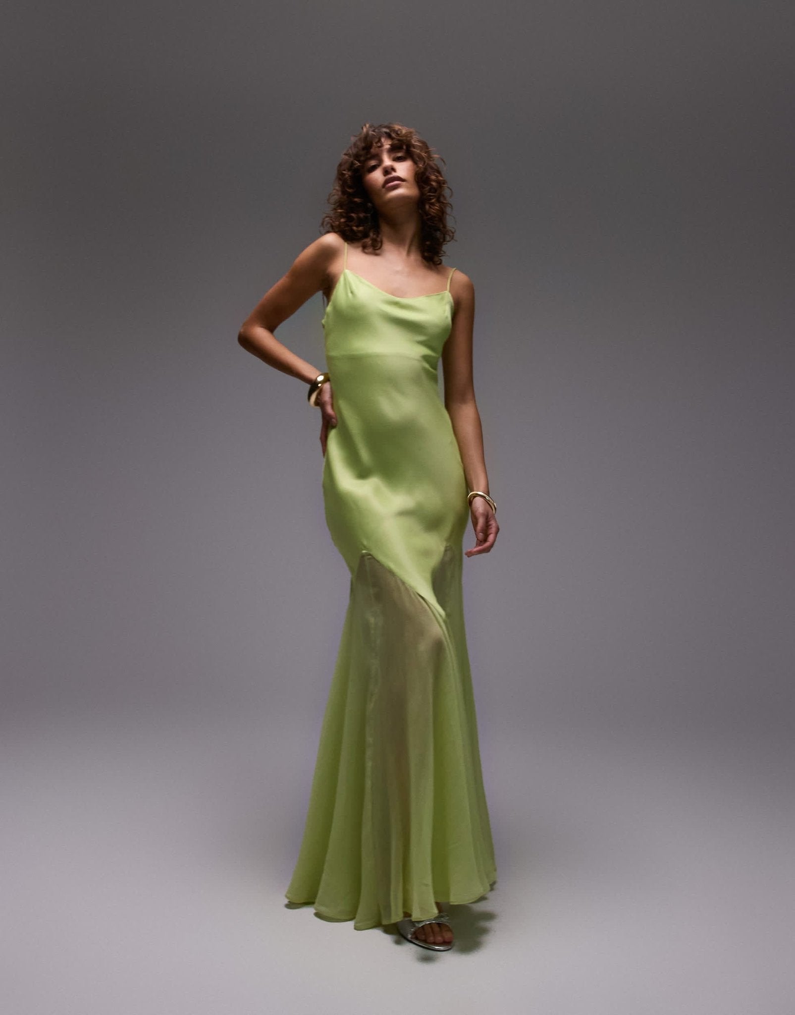 Topshop premium mixed fabric godet hem midi dress in lime - ASOS Sample Sale