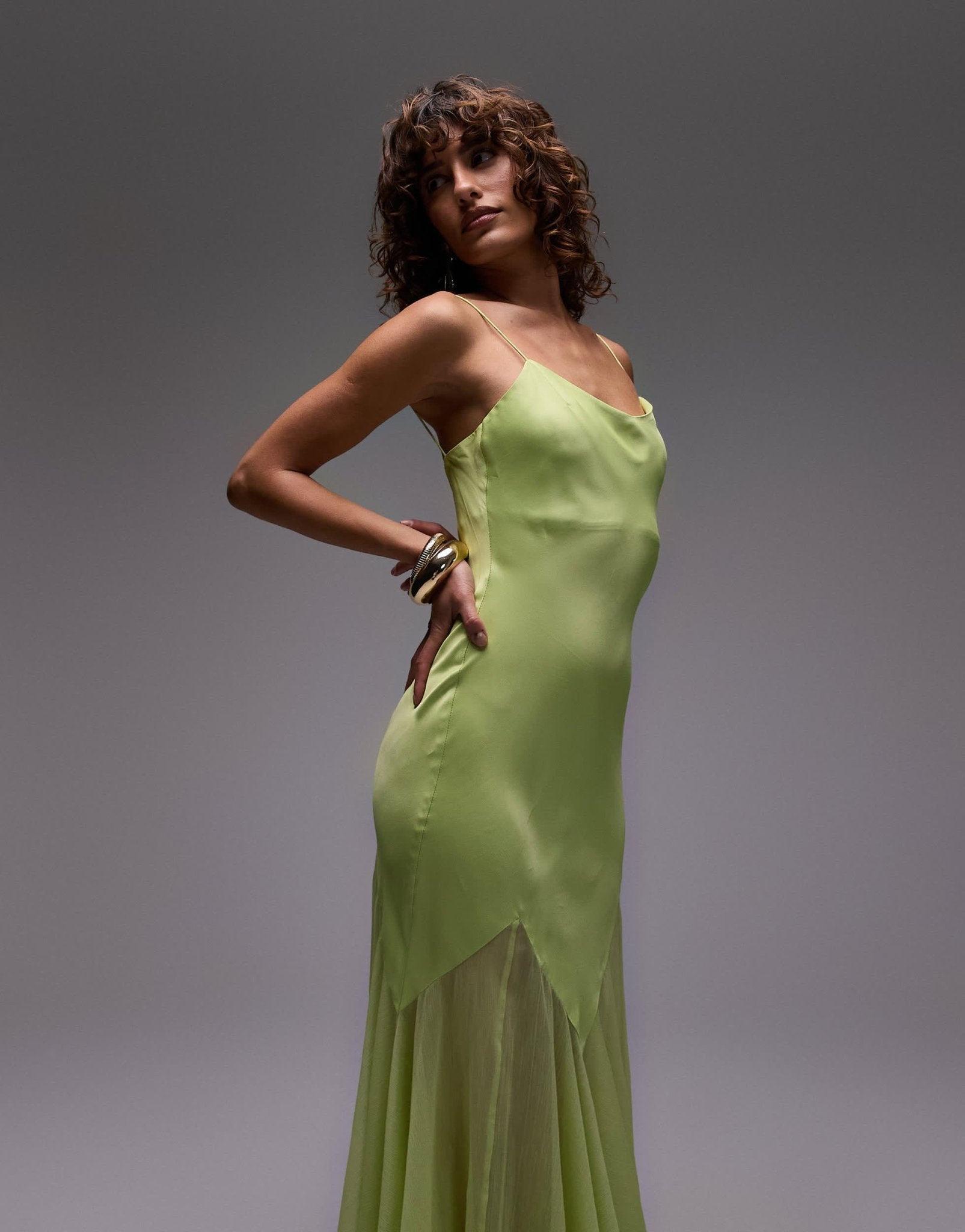 Topshop premium mixed fabric godet hem midi dress in lime - ASOS Sample Sale