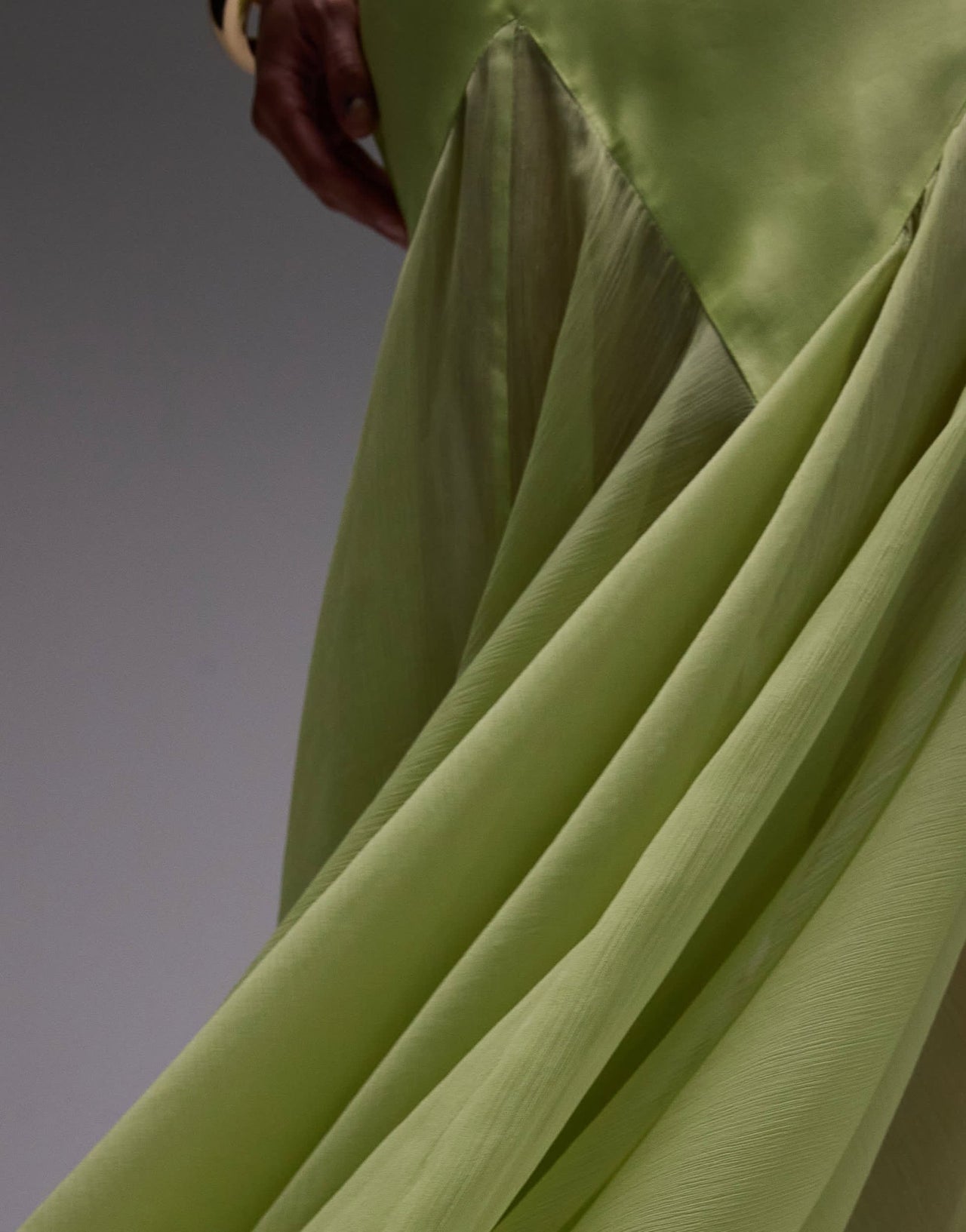 Topshop premium mixed fabric godet hem midi dress in lime - ASOS Sample Sale