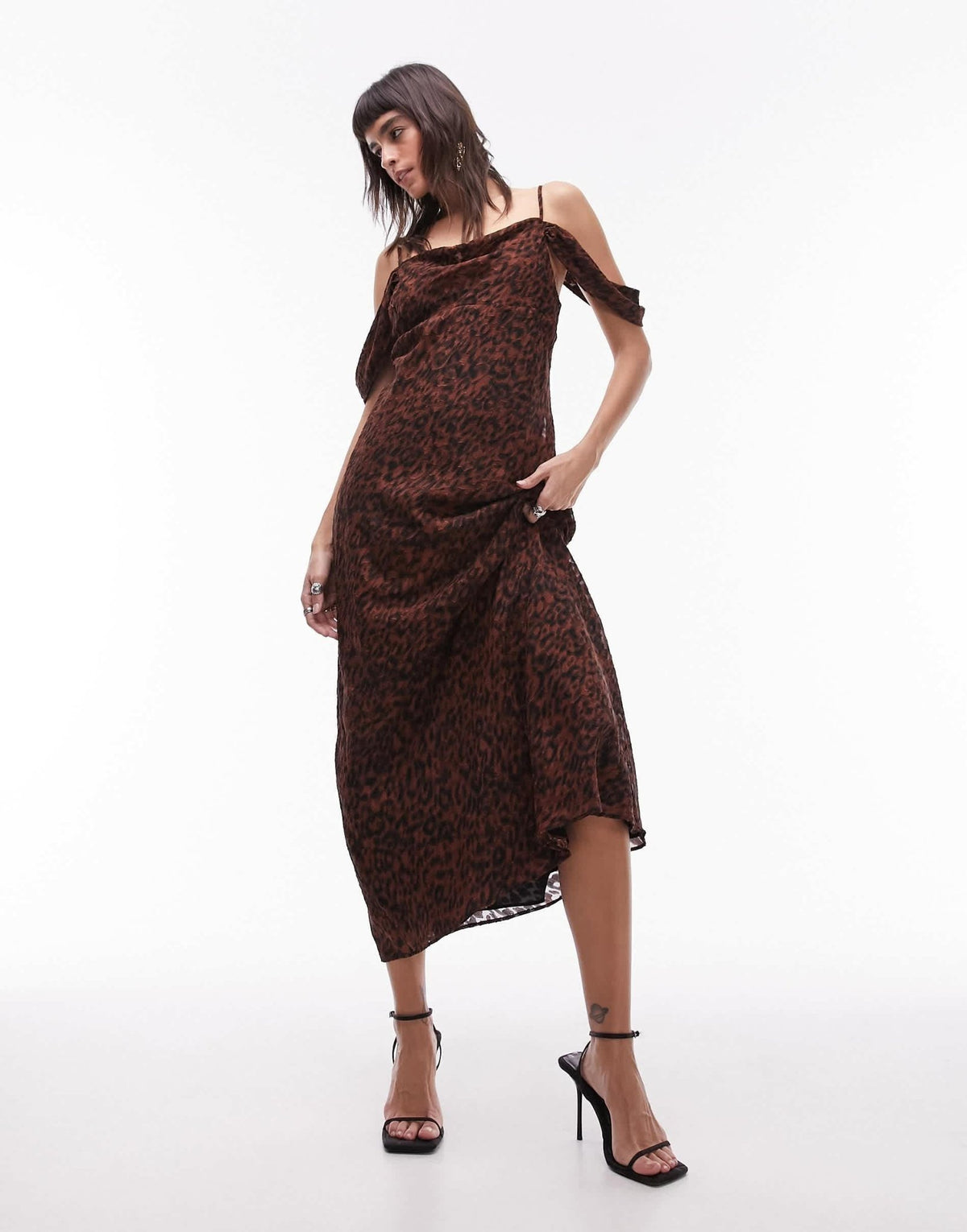 Topshop Premium off shoulder cami midi dress in animal jacquard print - ASOS Sample Sale