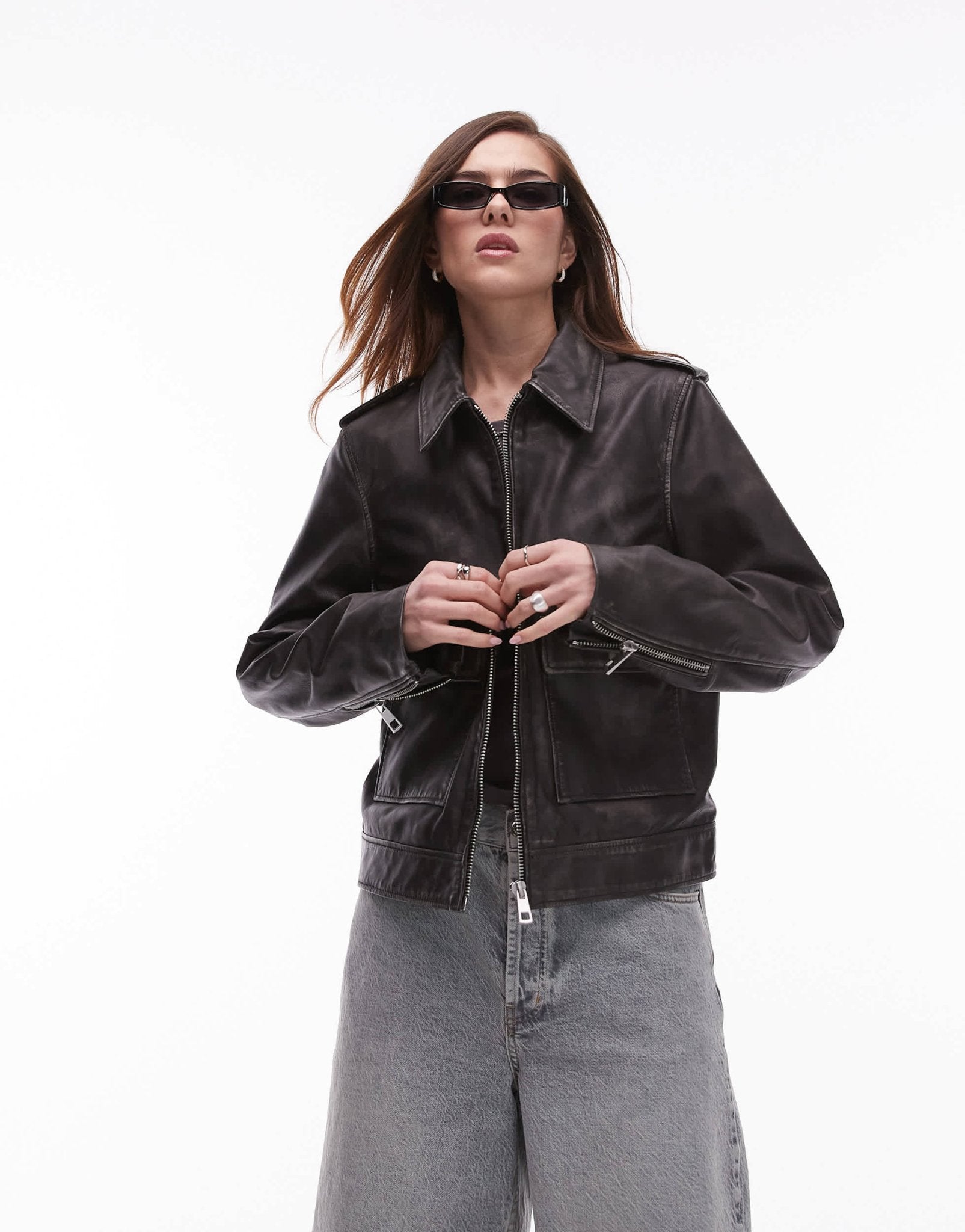 Topshop premium real leather zip through jacket in black - ASOS Sample Sale