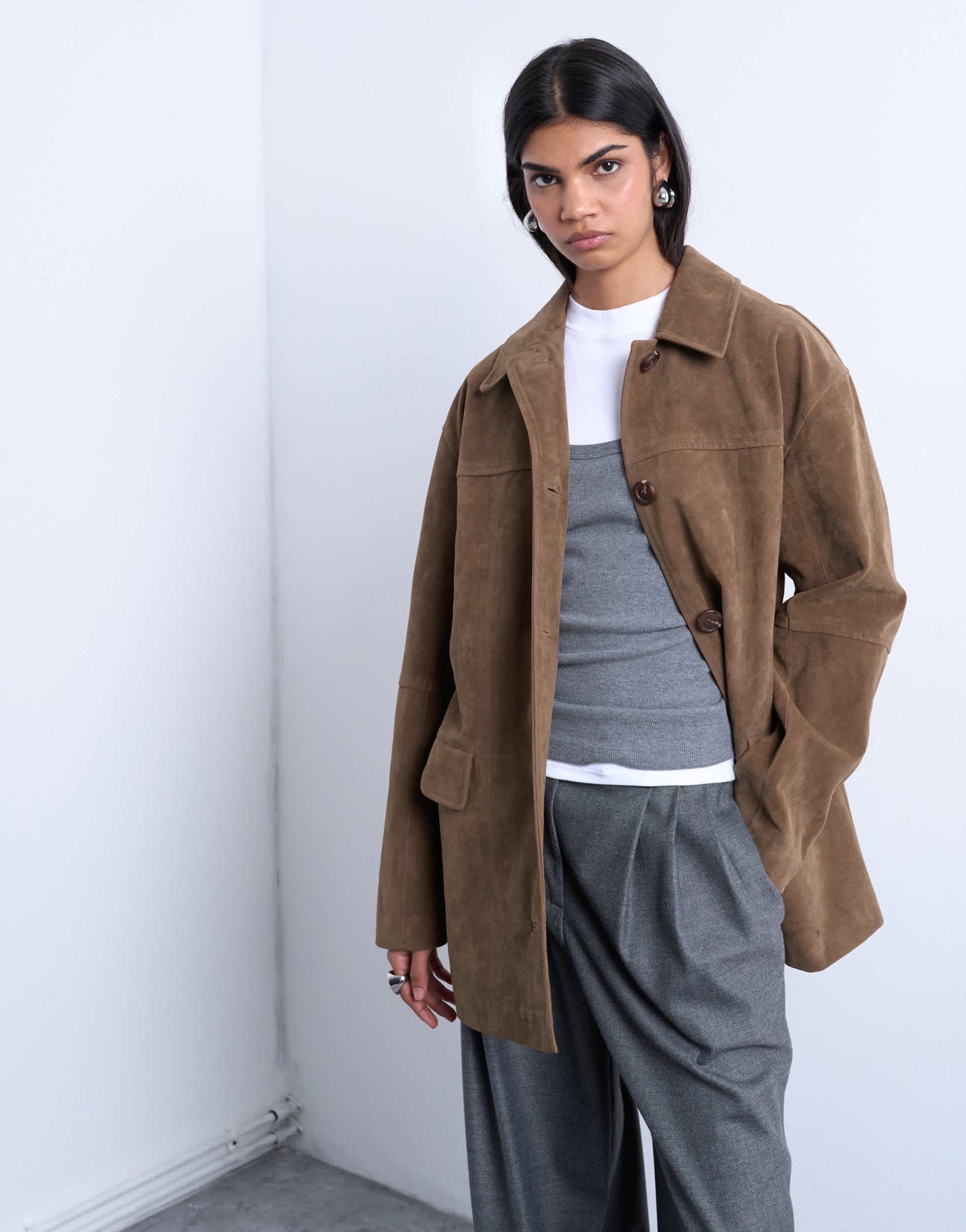 Topshop premium real suede patch pocket boxy jacket in tan - ASOS Sample Sale