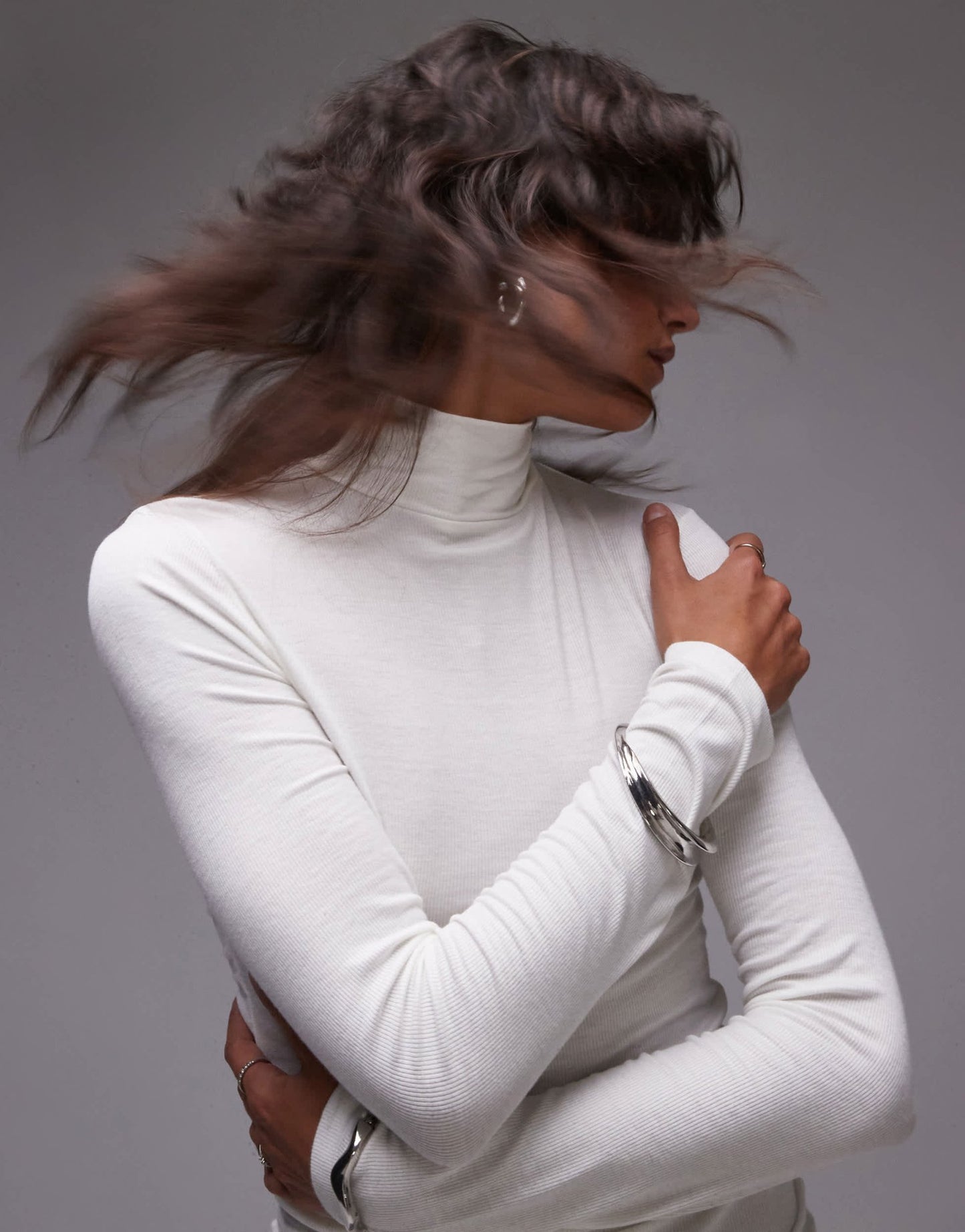 Topshop premium rib long sleeve funnel neck top in ecru - ASOS Sample Sale