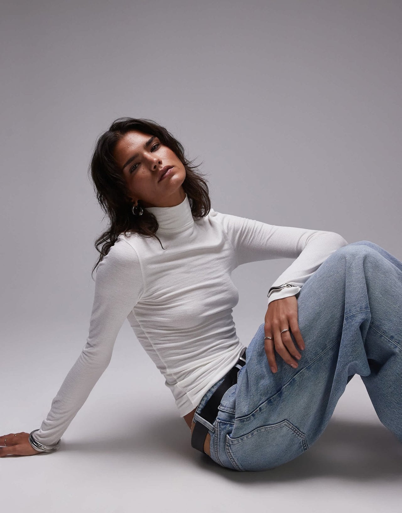 Topshop premium rib long sleeve funnel neck top in ecru - ASOS Sample Sale