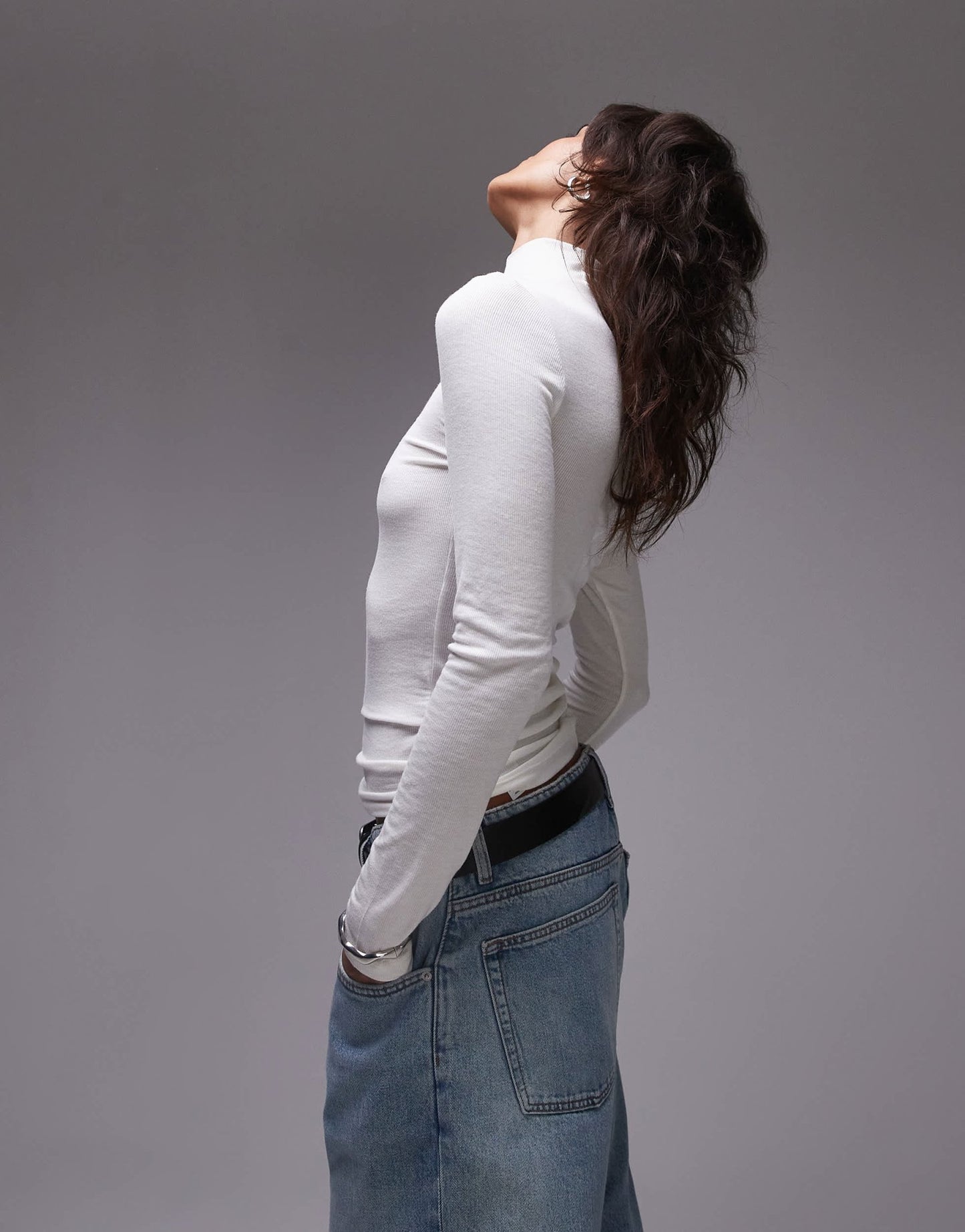 Topshop premium rib long sleeve funnel neck top in ecru - ASOS Sample Sale