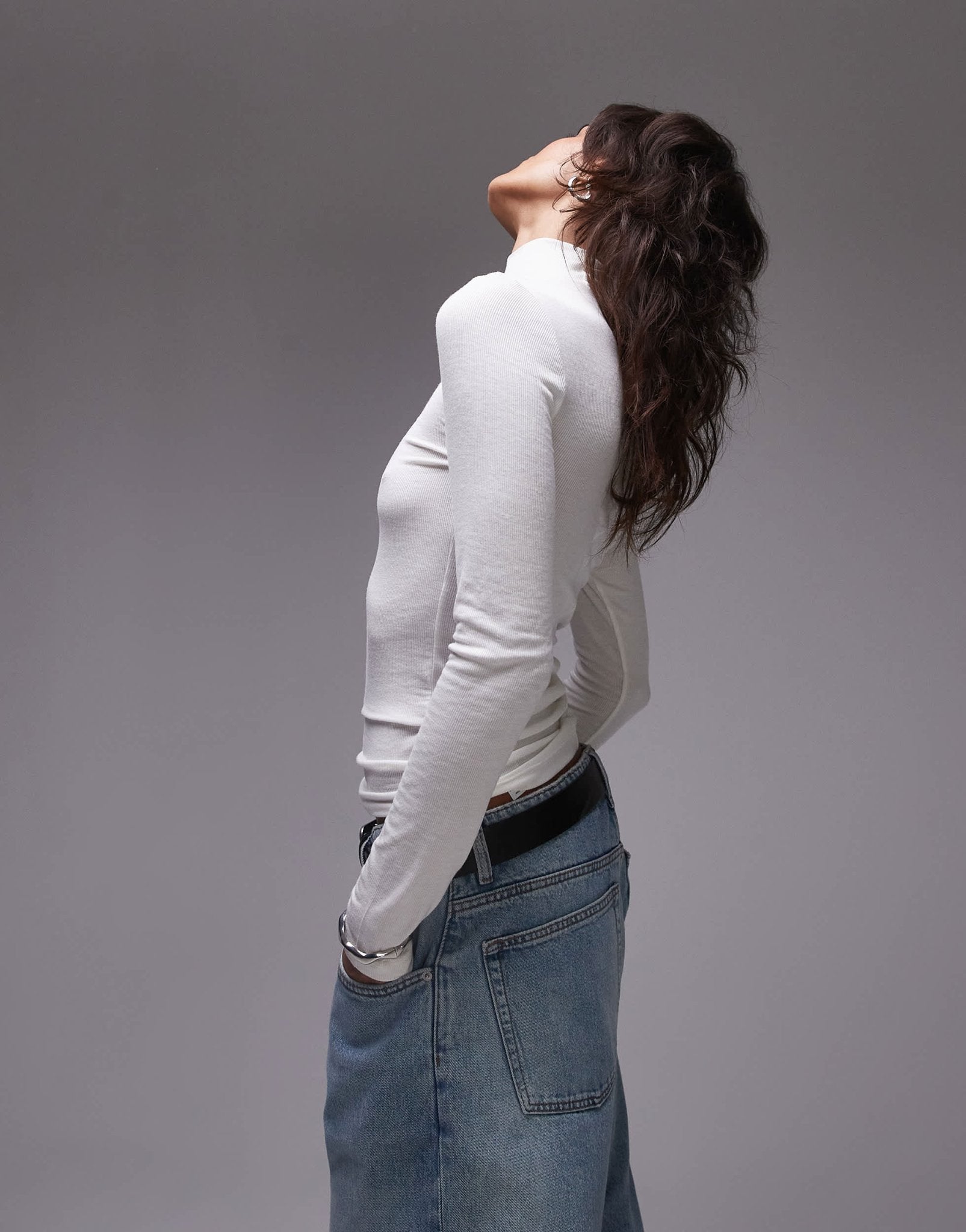 Topshop premium rib long sleeve funnel neck top in ecru - ASOS Sample Sale