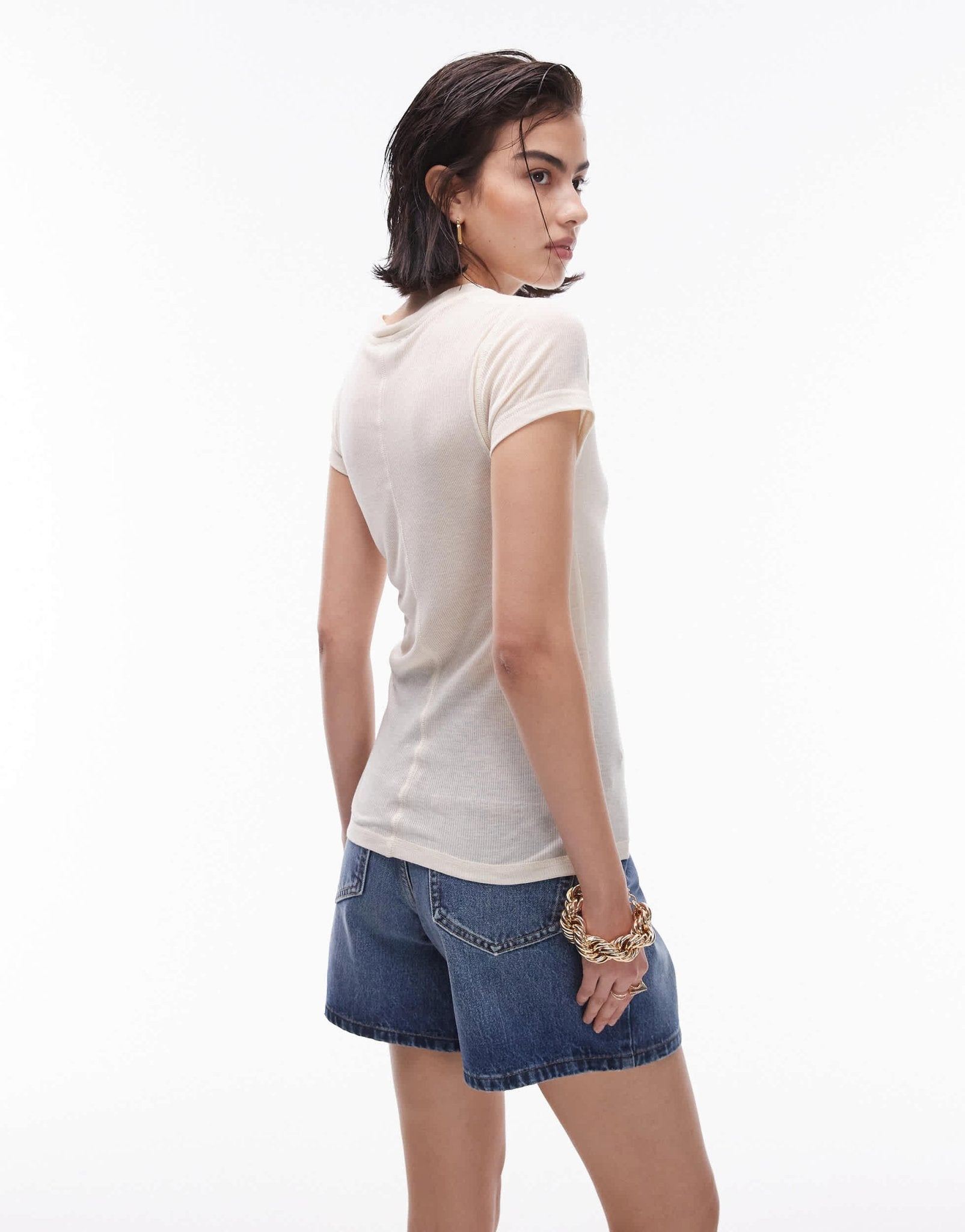 Topshop premium rib sheer longline tee in off white - ASOS Sample Sale